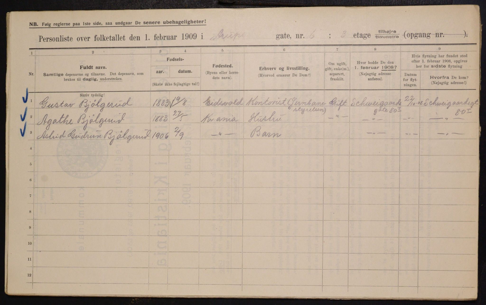OBA, Municipal Census 1909 for Kristiania, 1909, p. 2079