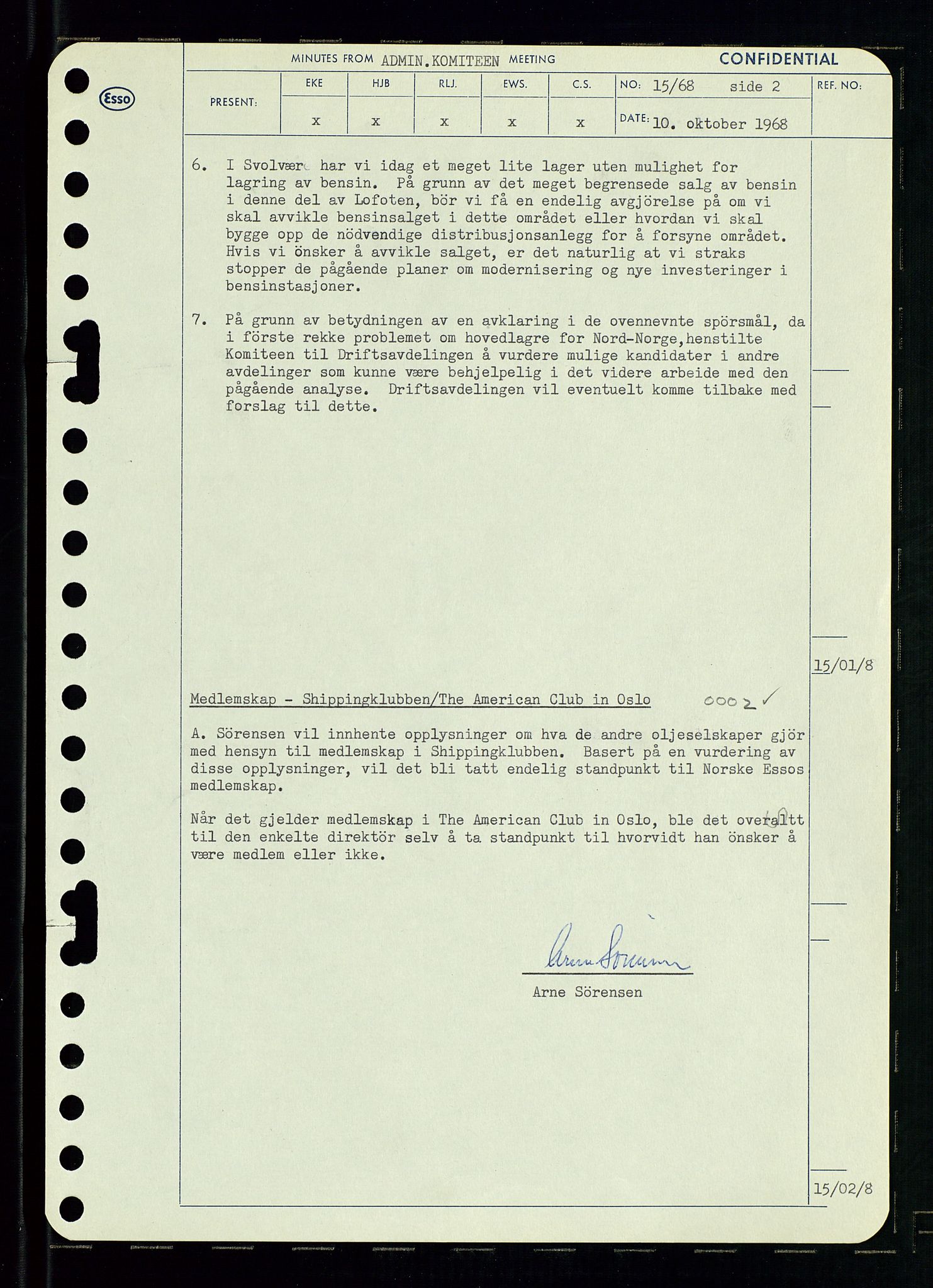 Pa 0982 - Esso Norge A/S, AV/SAST-A-100448/A/Aa/L0002/0004: Den administrerende direksjon Board minutes (styrereferater) / Den administrerende direksjon Board minutes (styrereferater), 1968, p. 95