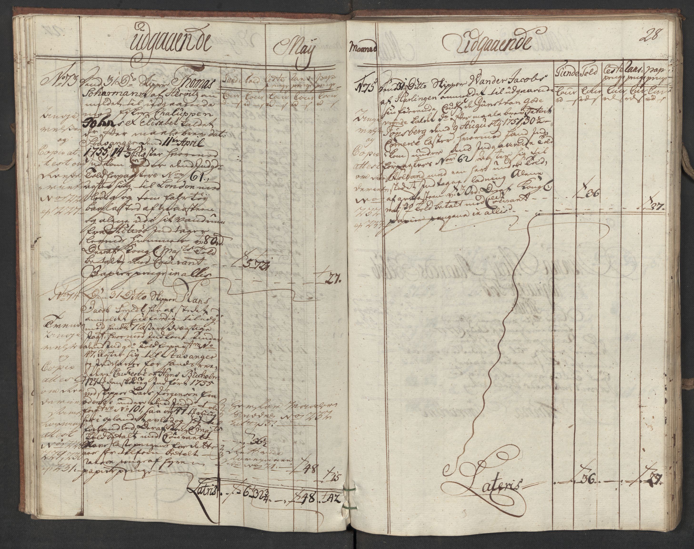 Generaltollkammeret, tollregnskaper, AV/RA-EA-5490/R19/L0015/0005: Tollregnskaper Flekkefjord / Utgående hovedtollbok, 1756, p. 27b-28a