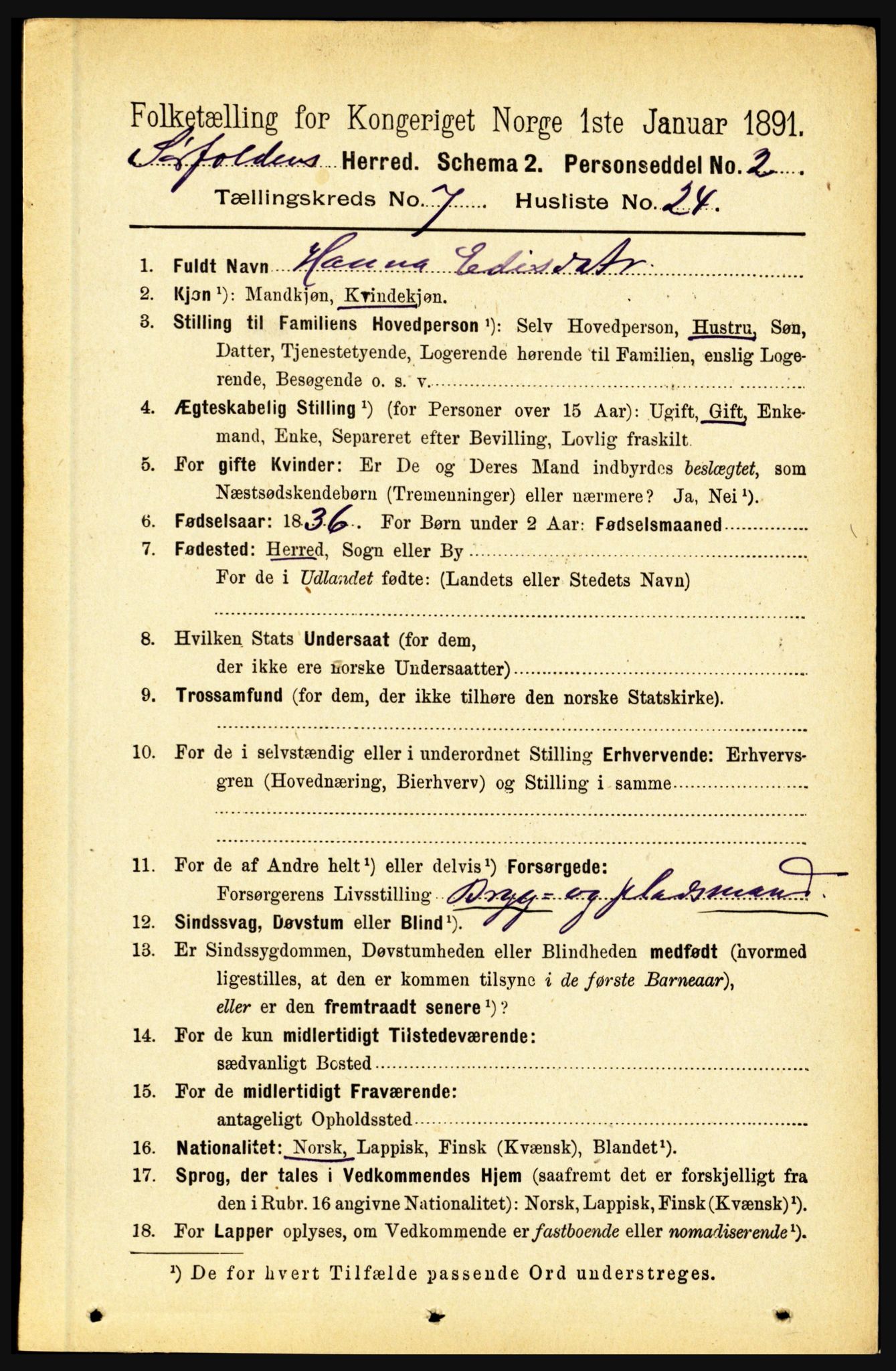 RA, 1891 census for 1845 Sørfold, 1891, p. 2369