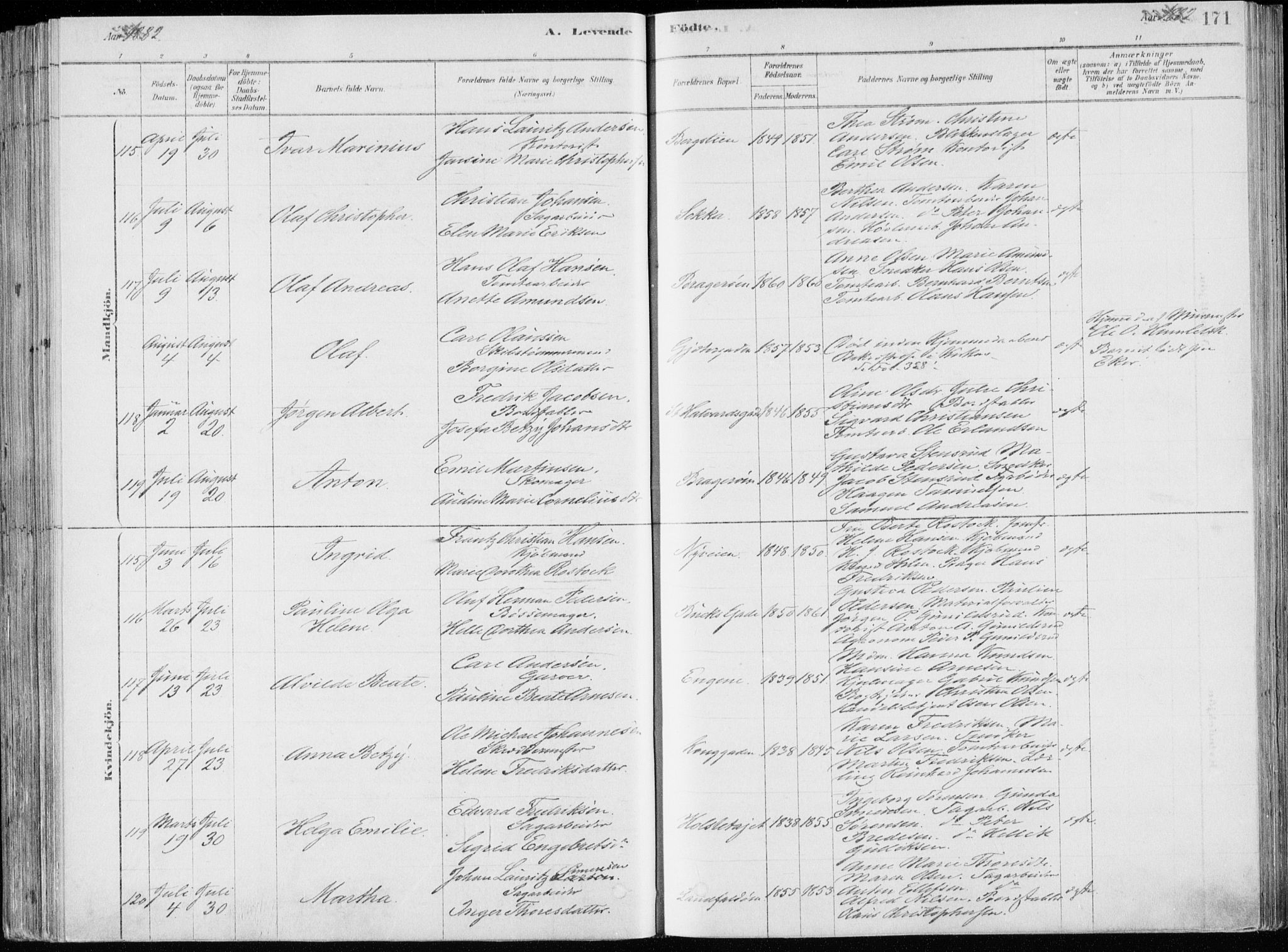Bragernes kirkebøker, SAKO/A-6/F/Fb/L0006a: Parish register (official) no. II 6A, 1878-1885, p. 171