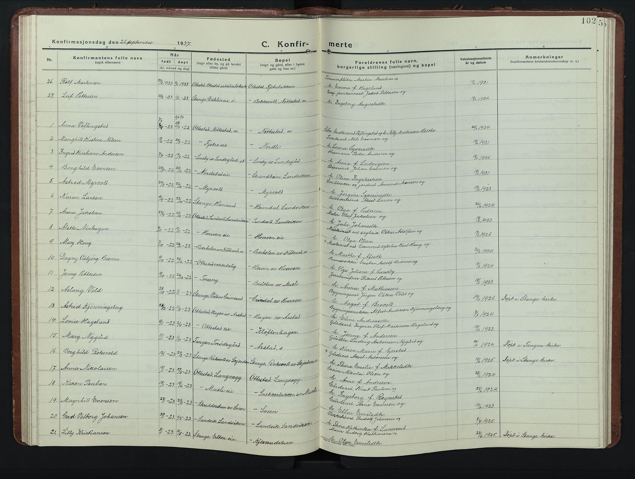 Stange prestekontor, AV/SAH-PREST-002/L/L0019: Parish register (copy) no. 19, 1929-1947, p. 102