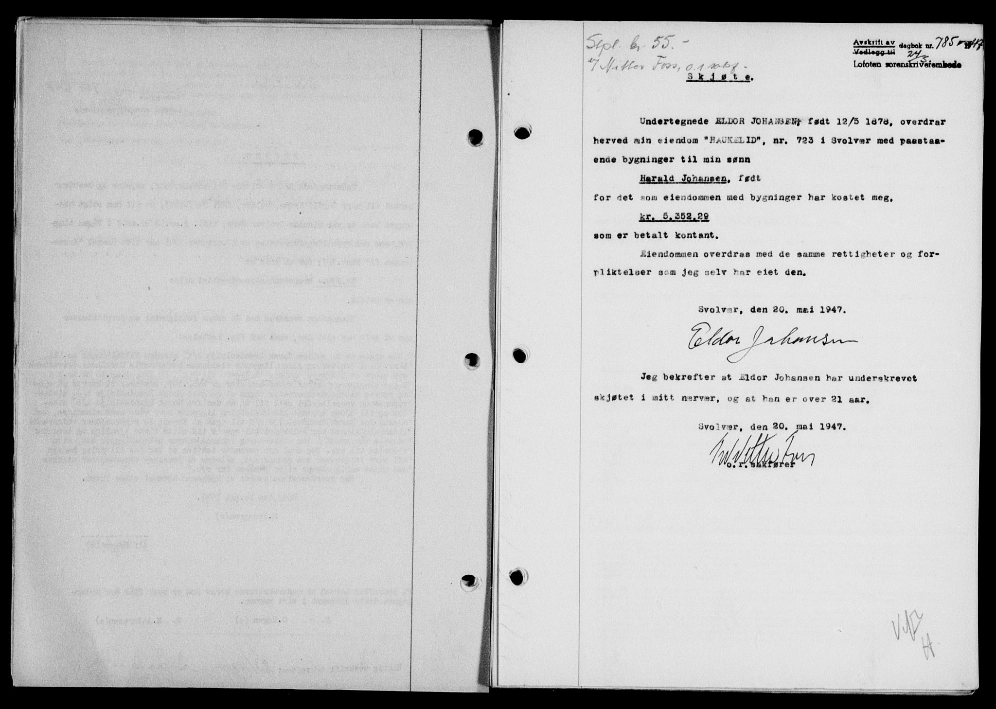 Lofoten sorenskriveri, SAT/A-0017/1/2/2C/L0016a: Mortgage book no. 16a, 1947-1947, Diary no: : 785/1947
