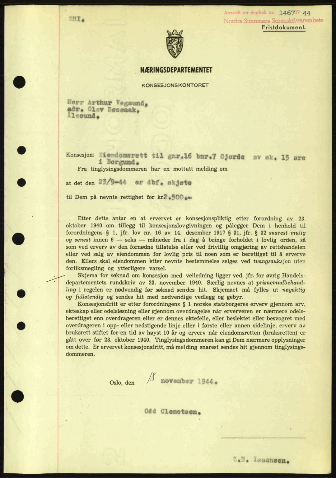 Nordre Sunnmøre sorenskriveri, SAT/A-0006/1/2/2C/2Ca: Mortgage book no. B6-14 a, 1942-1945, Diary no: : 1467/1944