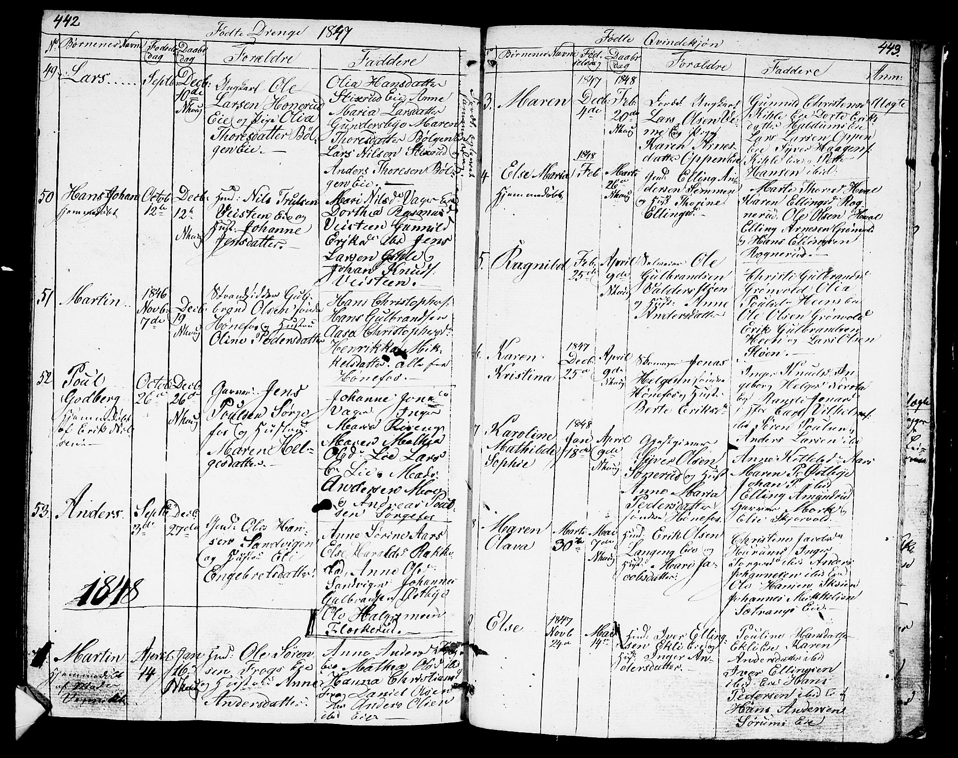 Norderhov kirkebøker, AV/SAKO-A-237/G/Ga/L0004: Parish register (copy) no. I 4, 1824-1849, p. 442-443