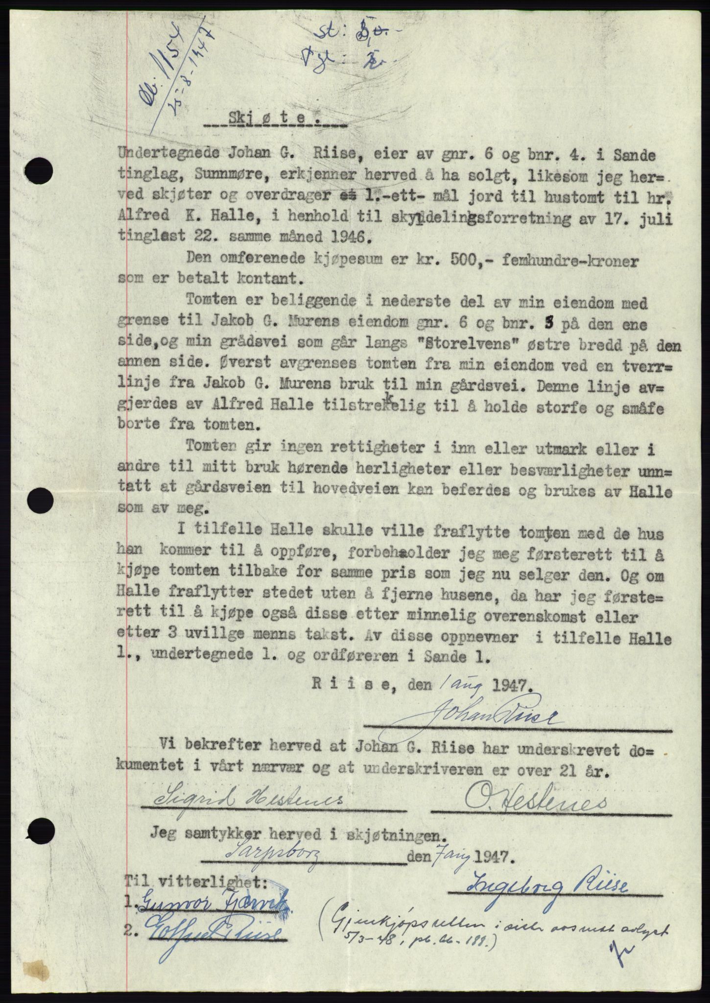 Søre Sunnmøre sorenskriveri, AV/SAT-A-4122/1/2/2C/L0081: Mortgage book no. 7A, 1947-1948, Diary no: : 1154/1947