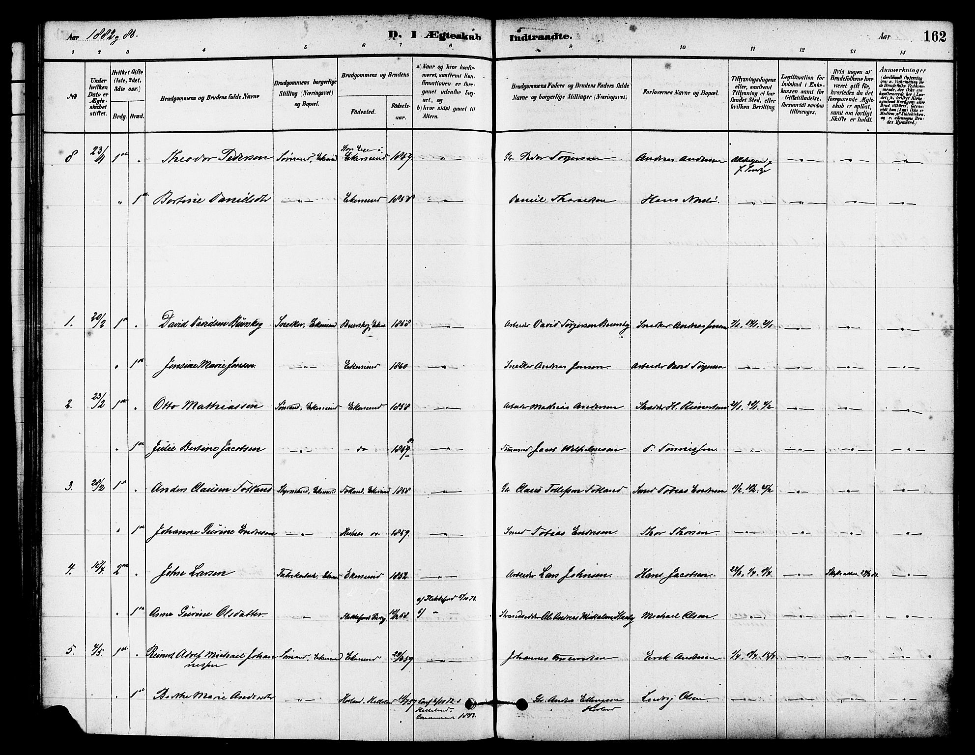 Eigersund sokneprestkontor, SAST/A-101807/S08/L0015: Parish register (official) no. A 15, 1879-1892, p. 162