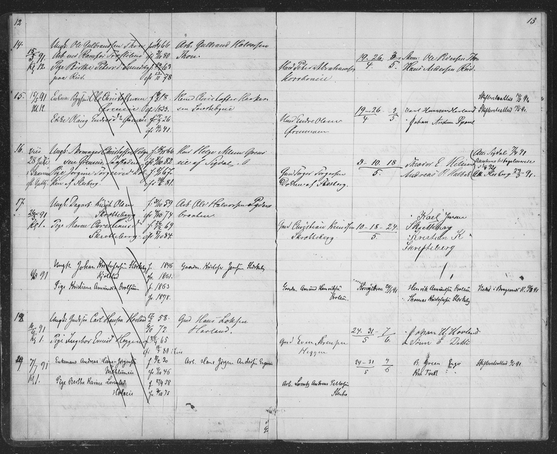 Modum kirkebøker, SAKO/A-234/H/Ha/L0001: Banns register no. I 1, 1891-1903, p. 12-13