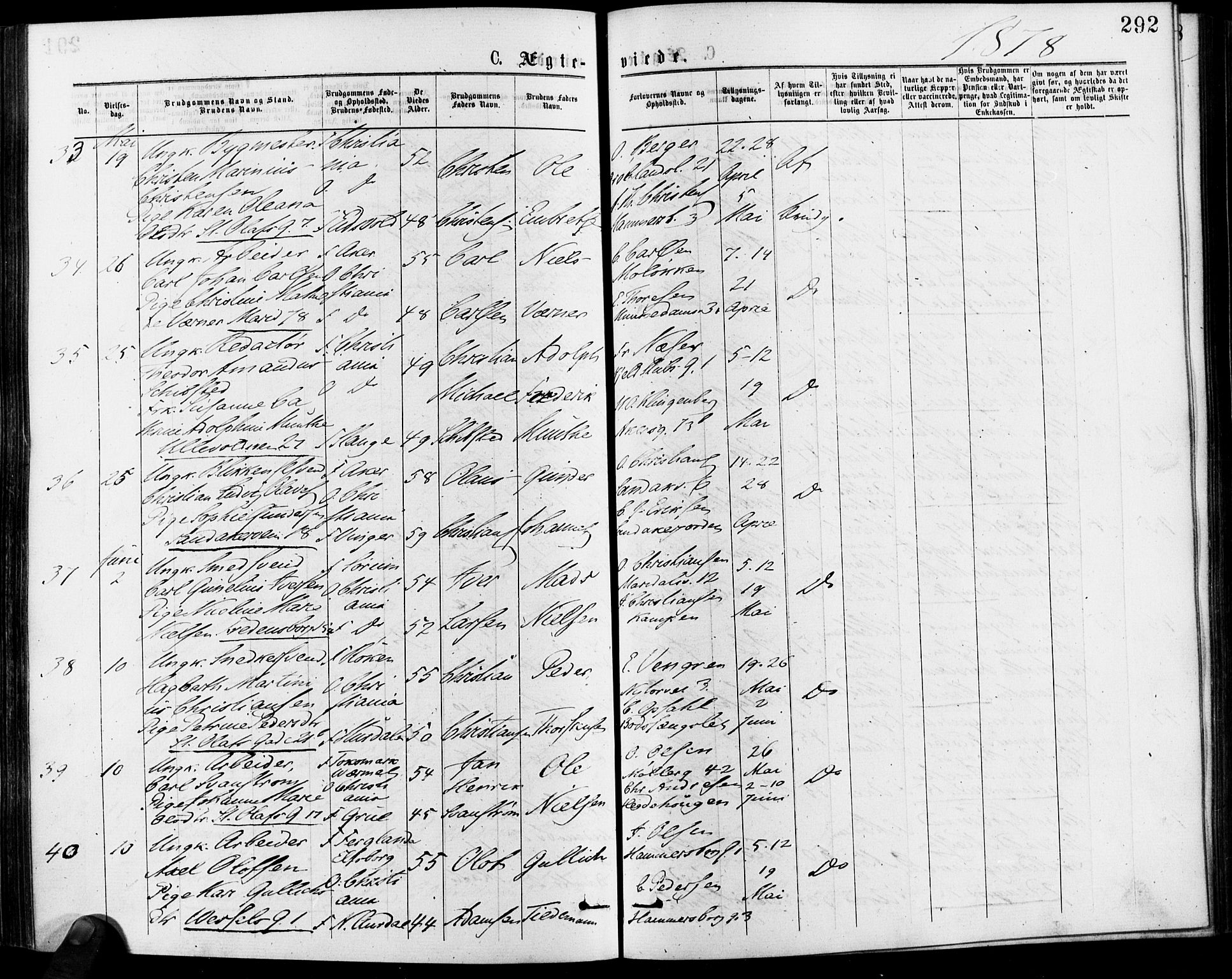 Gamle Aker prestekontor Kirkebøker, AV/SAO-A-10617a/F/L0005: Parish register (official) no. 5, 1873-1881, p. 292