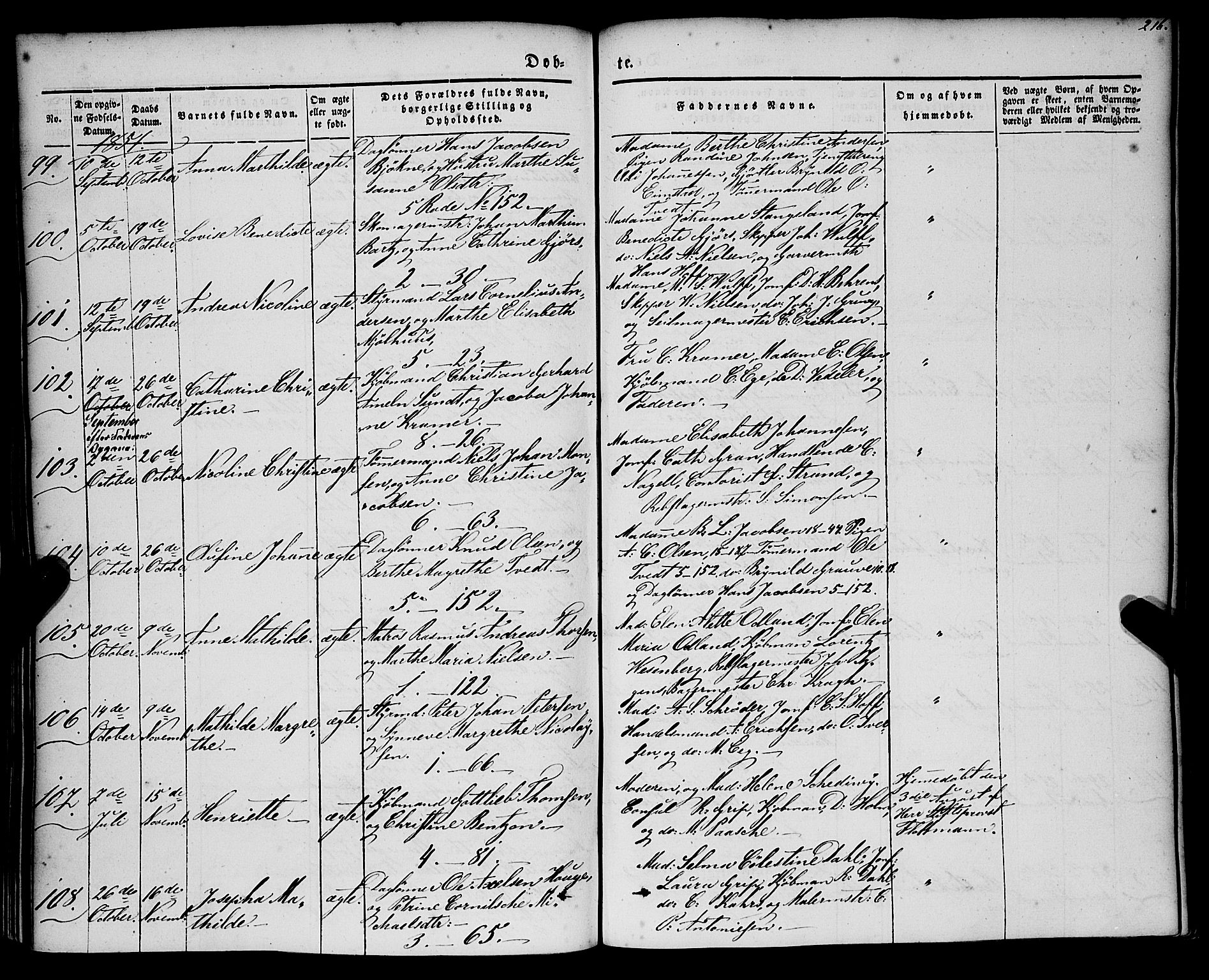 Nykirken Sokneprestembete, AV/SAB-A-77101/H/Haa/L0014: Parish register (official) no. B 1, 1844-1858, p. 216