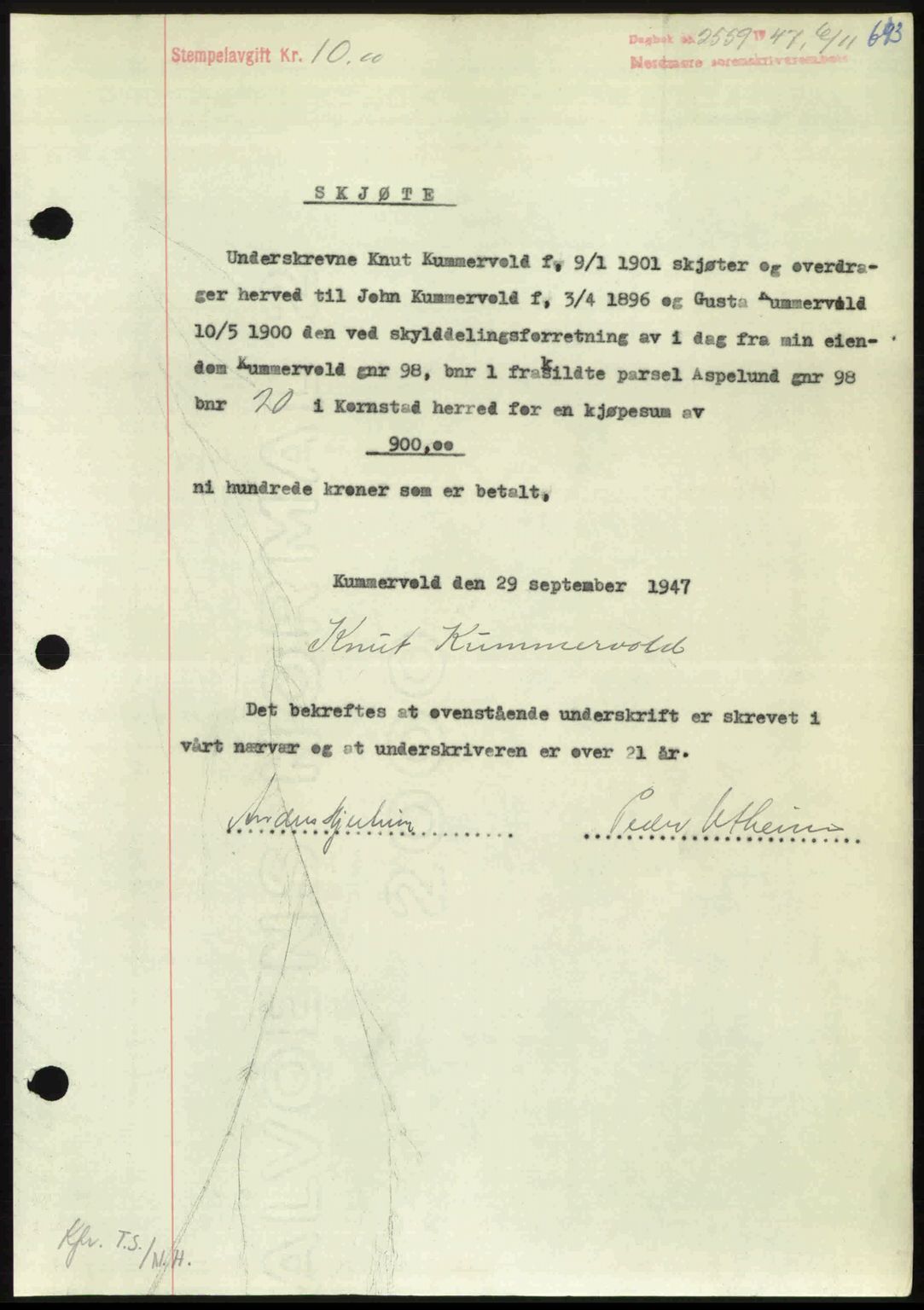 Nordmøre sorenskriveri, AV/SAT-A-4132/1/2/2Ca: Mortgage book no. A106, 1947-1947, Diary no: : 2559/1947