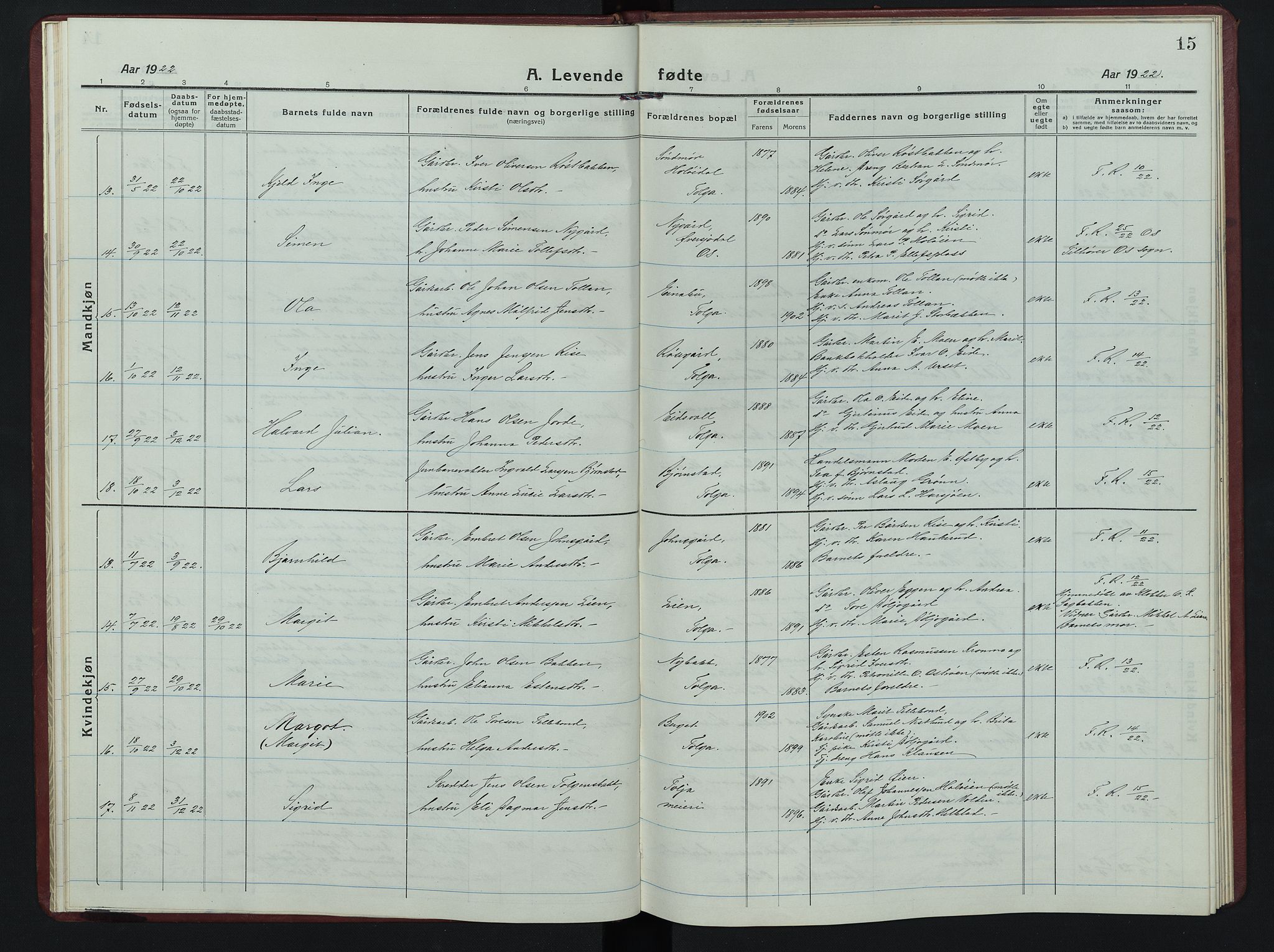 Tolga prestekontor, AV/SAH-PREST-062/L/L0016: Parish register (copy) no. 16, 1919-1947, p. 15