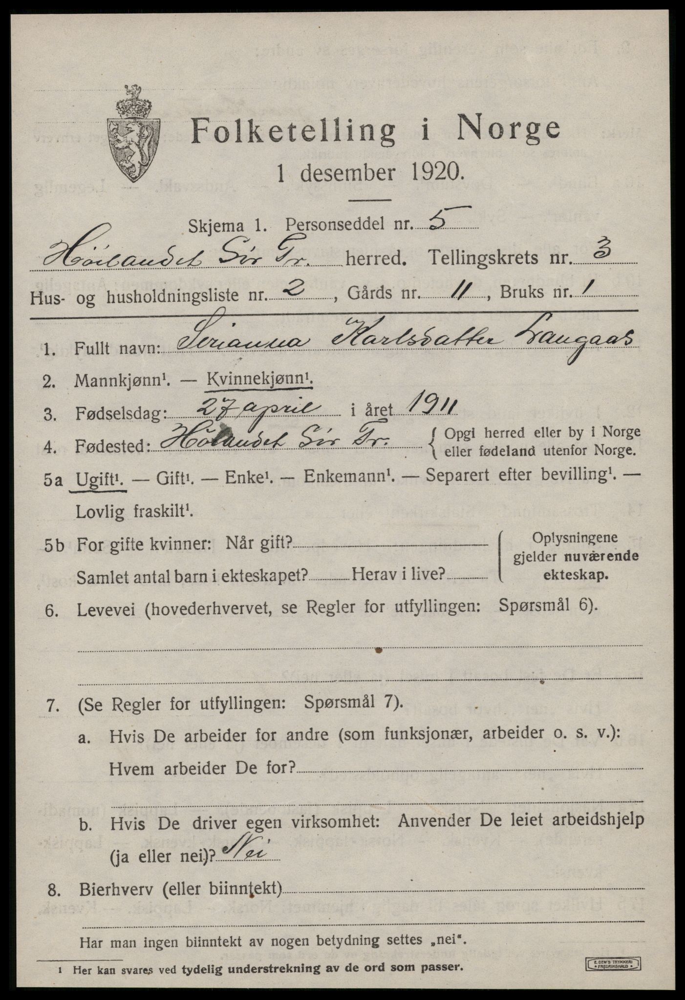 SAT, 1920 census for Hølonda, 1920, p. 1179