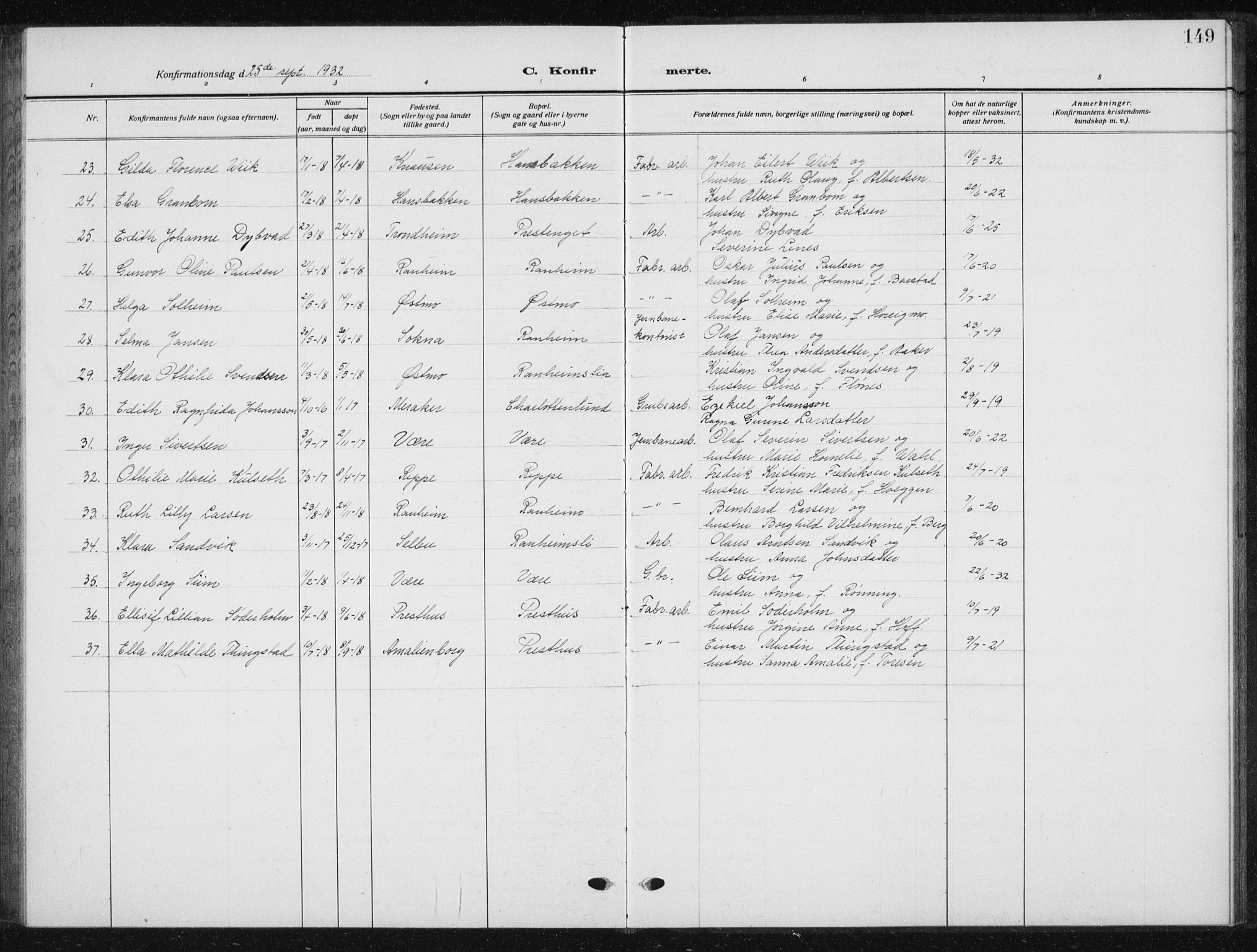 Ministerialprotokoller, klokkerbøker og fødselsregistre - Sør-Trøndelag, SAT/A-1456/615/L0401: Parish register (copy) no. 615C02, 1922-1941, p. 149