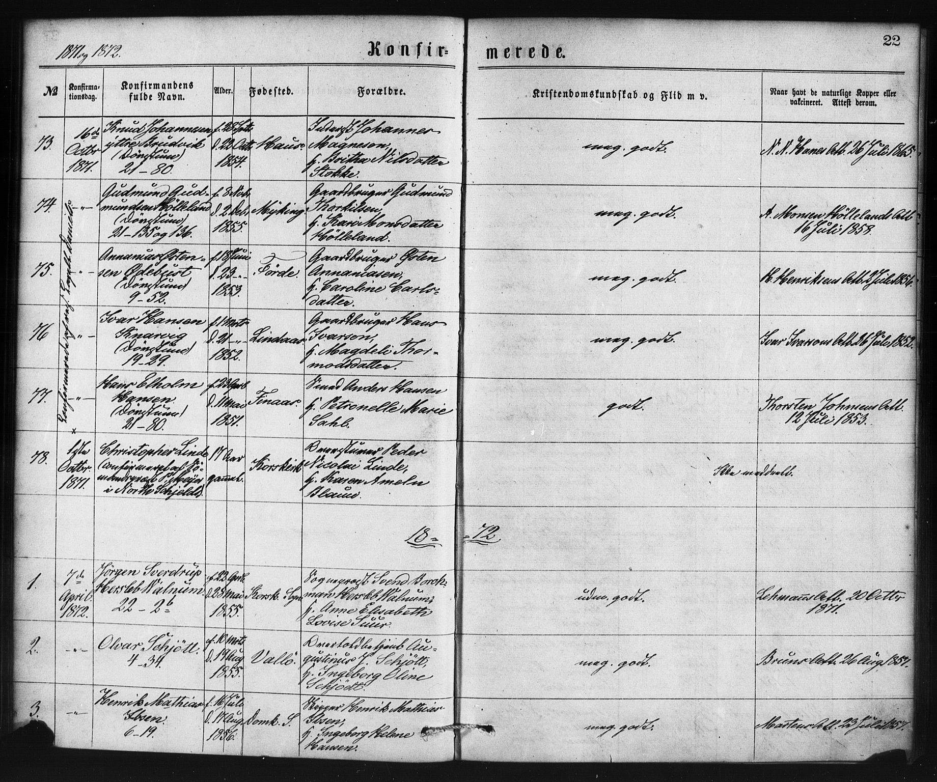 Nykirken Sokneprestembete, SAB/A-77101/H/Haa/L0025: Parish register (official) no. C 4, 1870-1886, p. 22