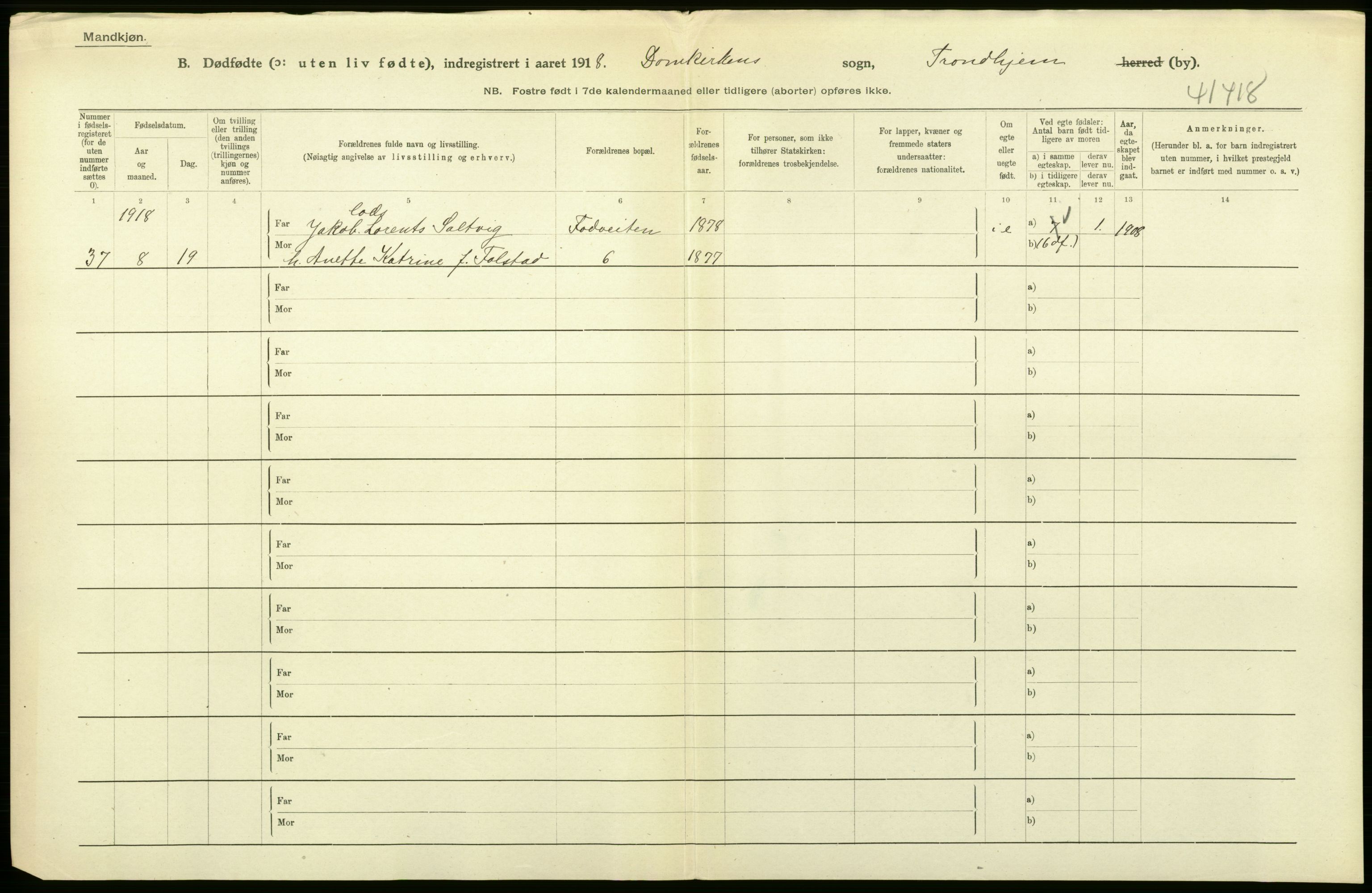 Statistisk sentralbyrå, Sosiodemografiske emner, Befolkning, AV/RA-S-2228/D/Df/Dfb/Dfbh/L0049: Trondheim: Døde, dødfødte., 1918, p. 318