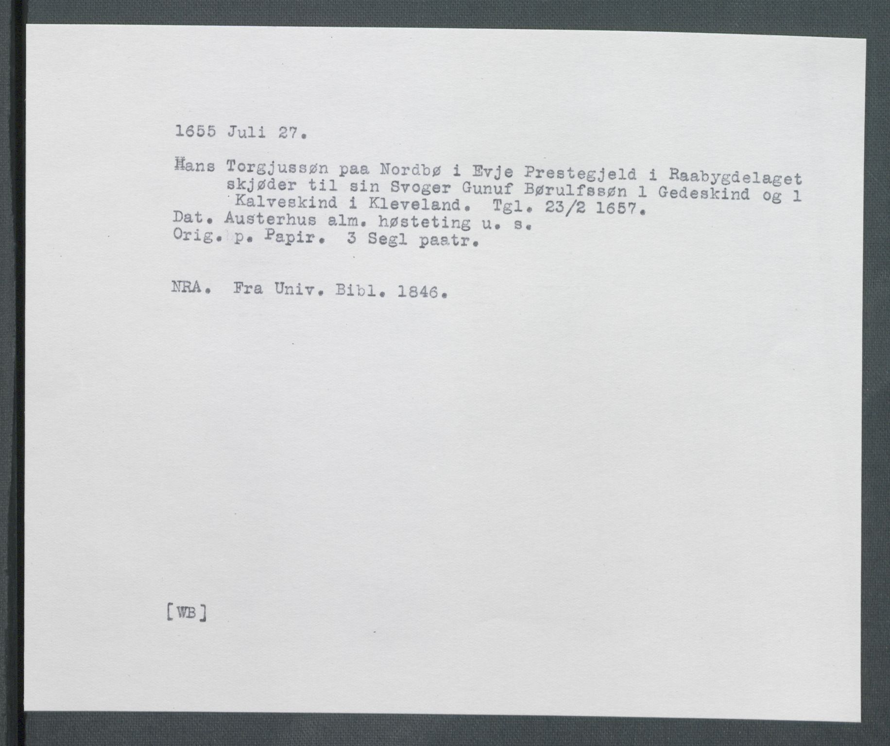 Riksarkivets diplomsamling, AV/RA-EA-5965/F02/L0166: Dokumenter, 1654-1656, p. 137
