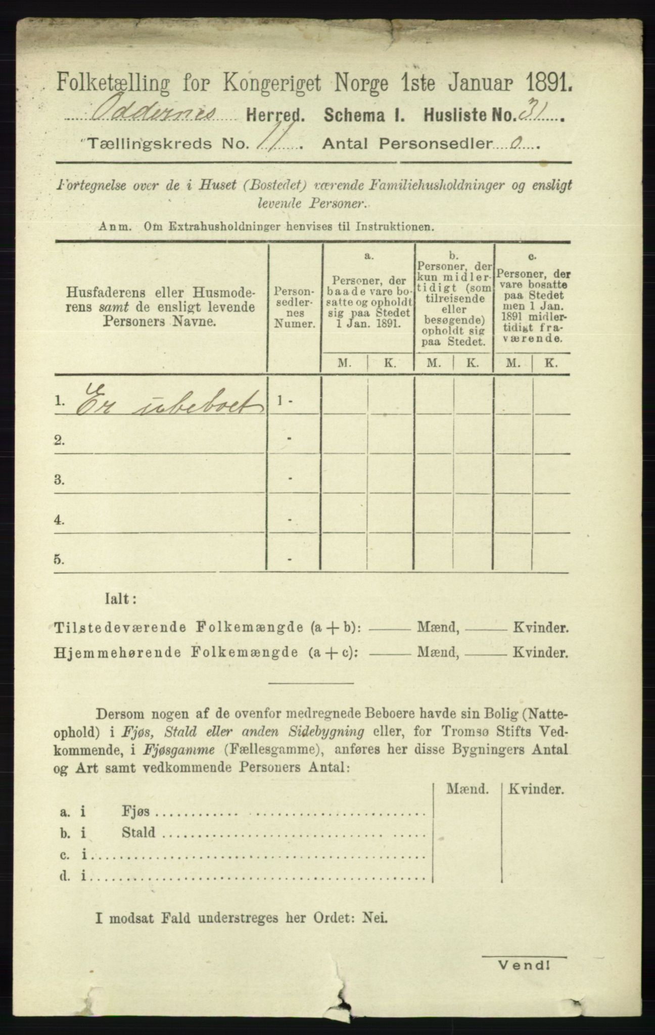 RA, 1891 census for 1012 Oddernes, 1891, p. 4133