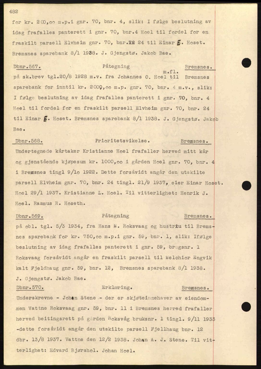 Nordmøre sorenskriveri, AV/SAT-A-4132/1/2/2Ca: Mortgage book no. C80, 1936-1939, Diary no: : 567/1938