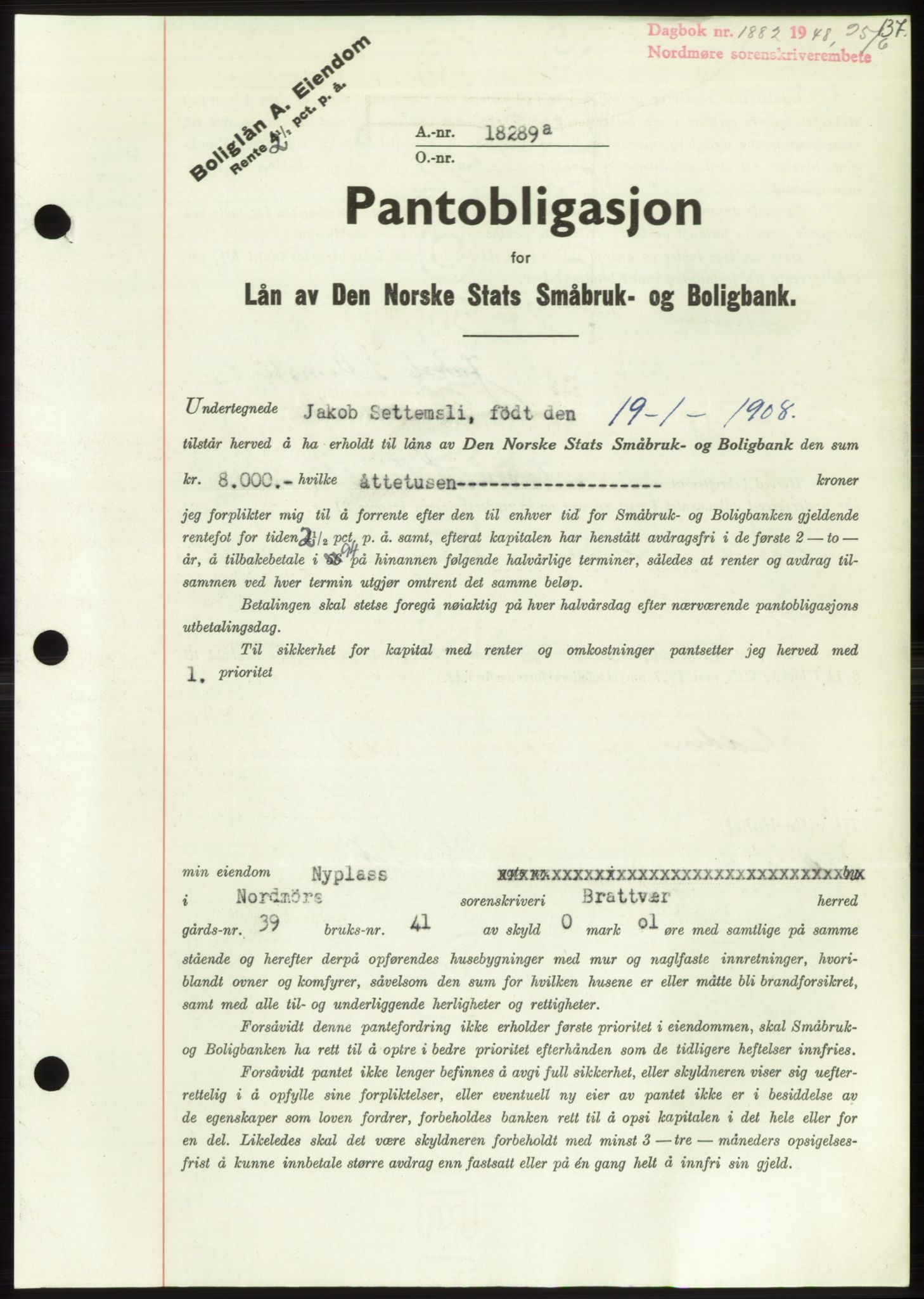 Nordmøre sorenskriveri, AV/SAT-A-4132/1/2/2Ca: Mortgage book no. B99, 1948-1948, Diary no: : 1882/1948