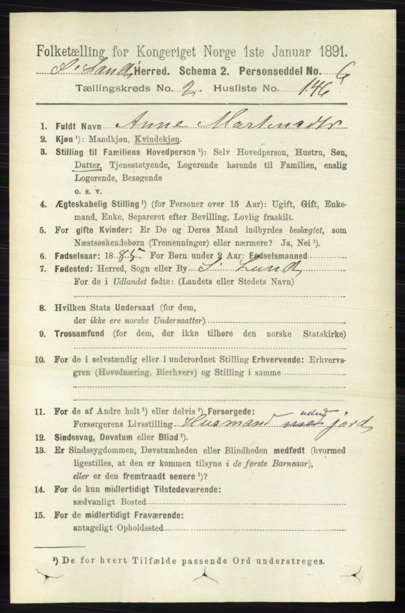 RA, 1891 census for 0536 Søndre Land, 1891, p. 1907