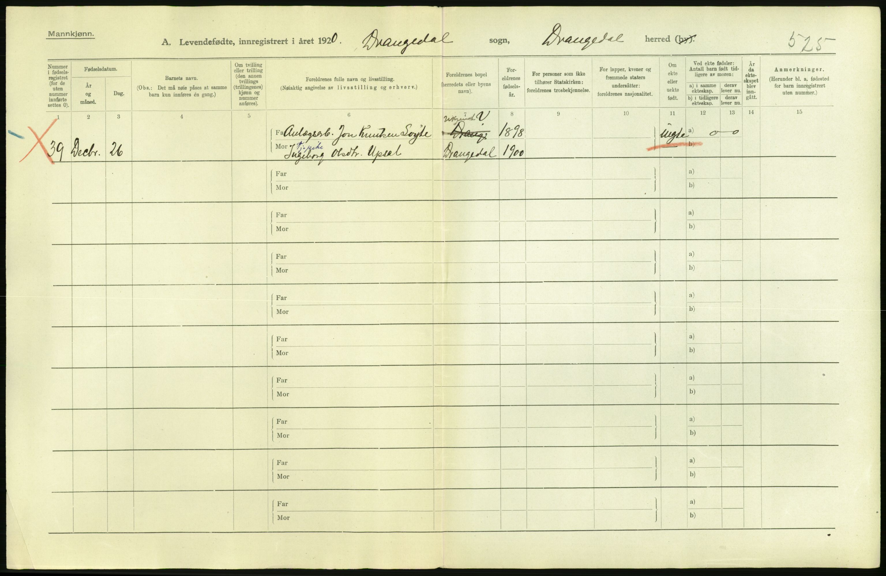 Statistisk sentralbyrå, Sosiodemografiske emner, Befolkning, AV/RA-S-2228/D/Df/Dfb/Dfbj/L0027: Telemark fylke: Levendefødte menn og kvinner. Bygder., 1920