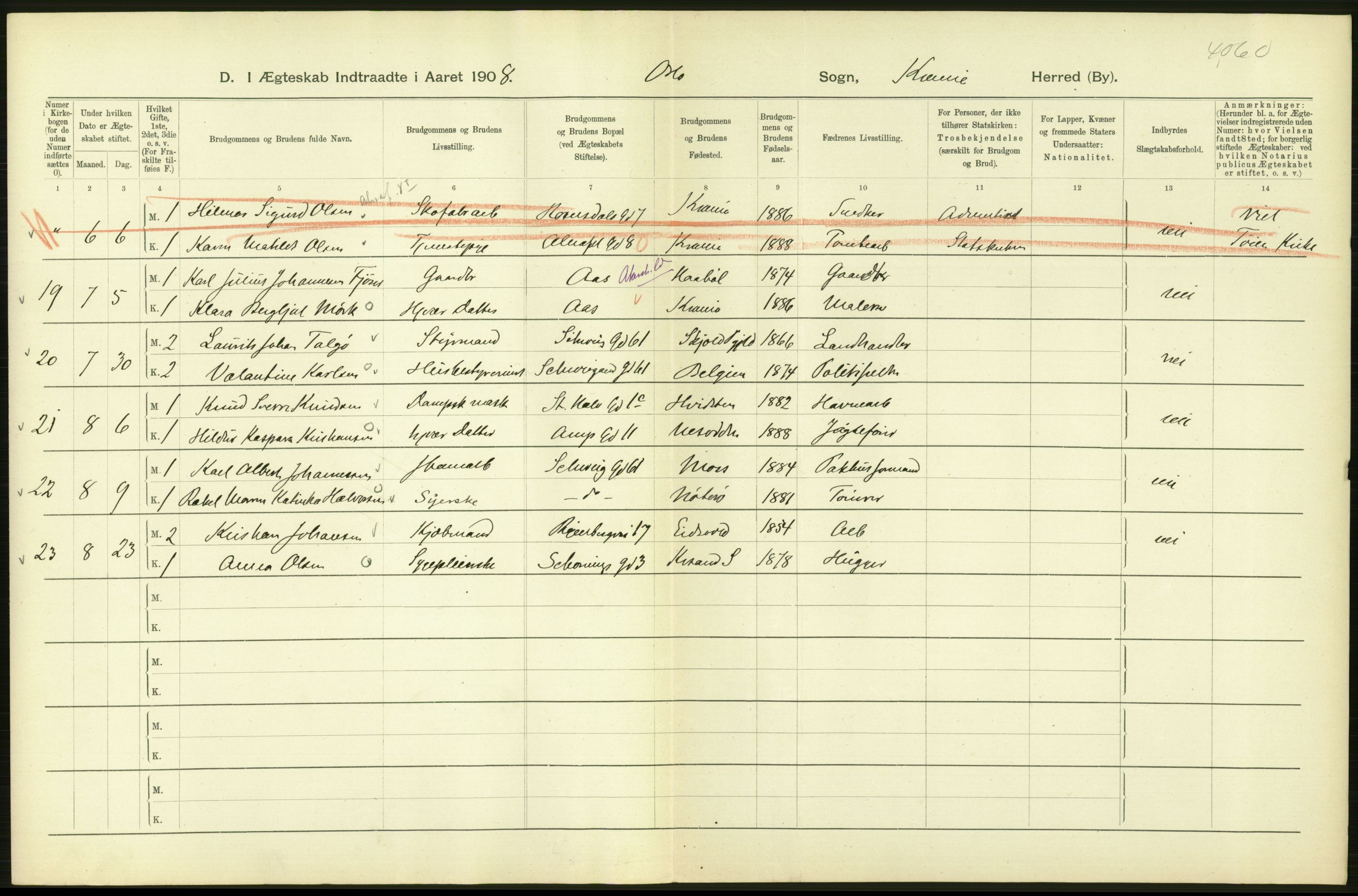 Statistisk sentralbyrå, Sosiodemografiske emner, Befolkning, AV/RA-S-2228/D/Df/Dfa/Dfaf/L0007: Kristiania: Gifte, 1908, p. 234