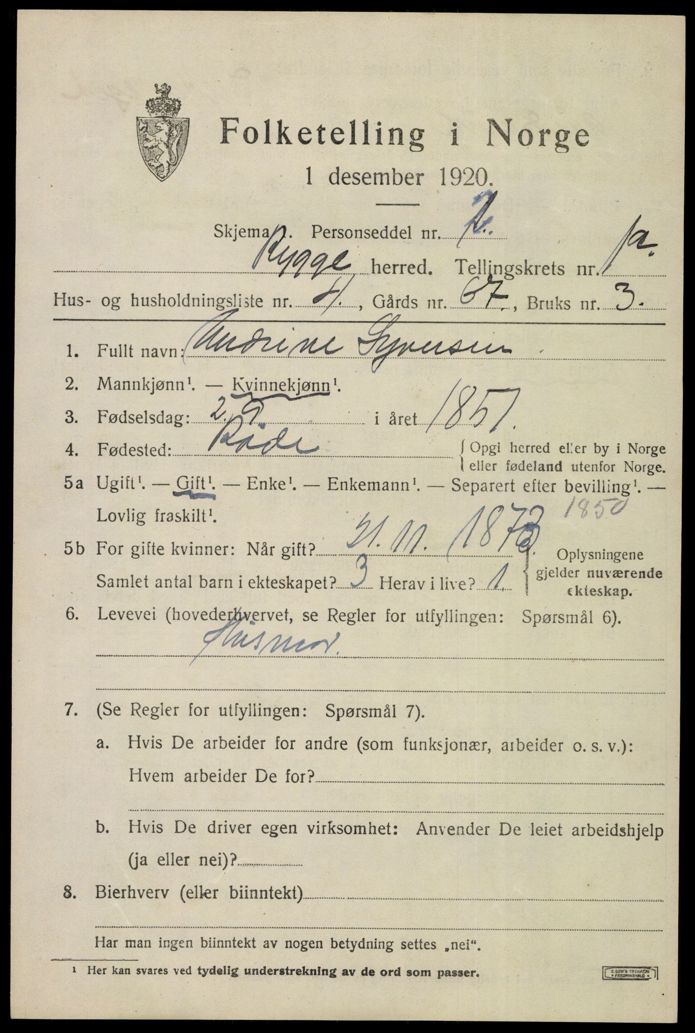 SAO, 1920 census for Rygge, 1920, p. 4151