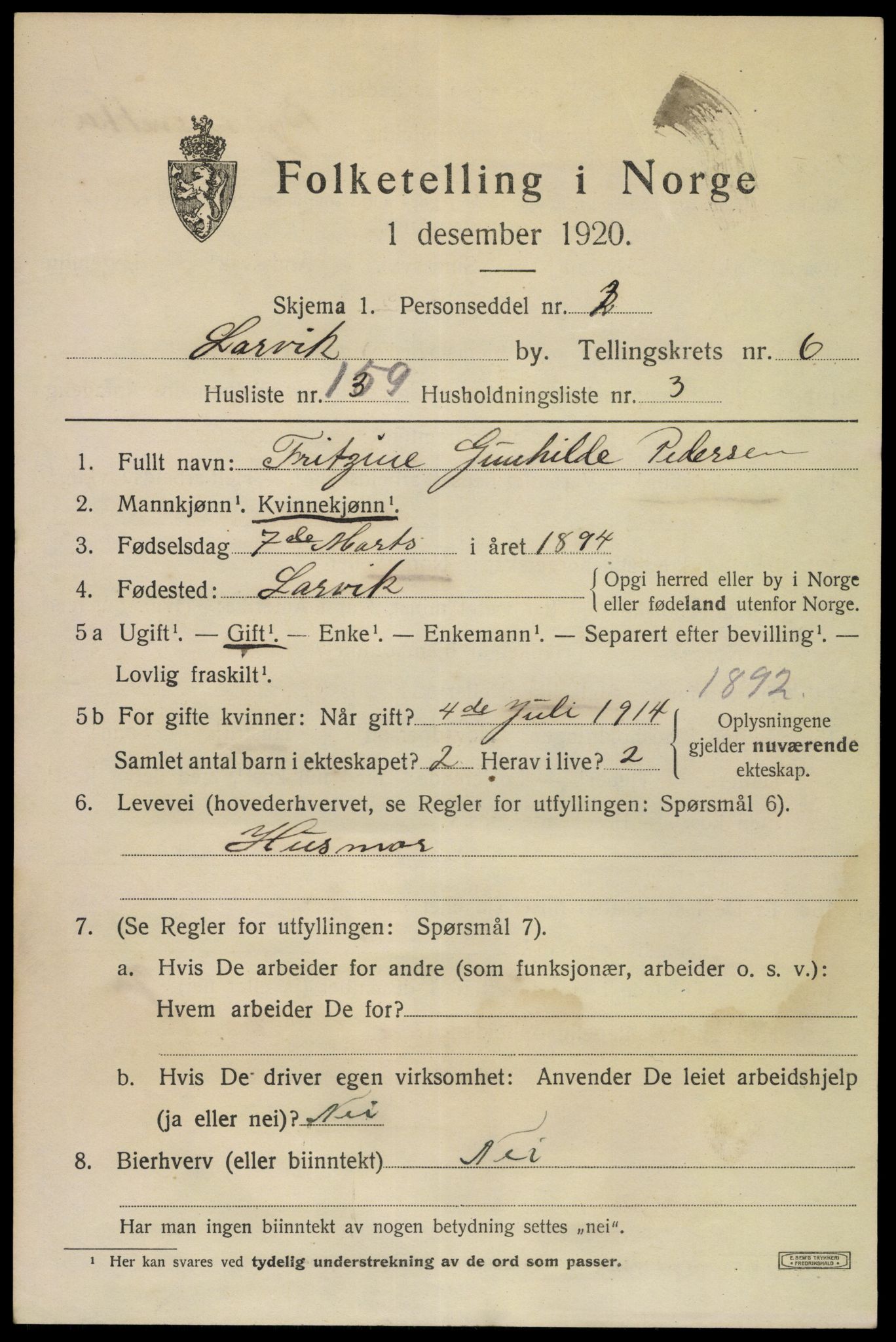 SAKO, 1920 census for Larvik, 1920, p. 20670