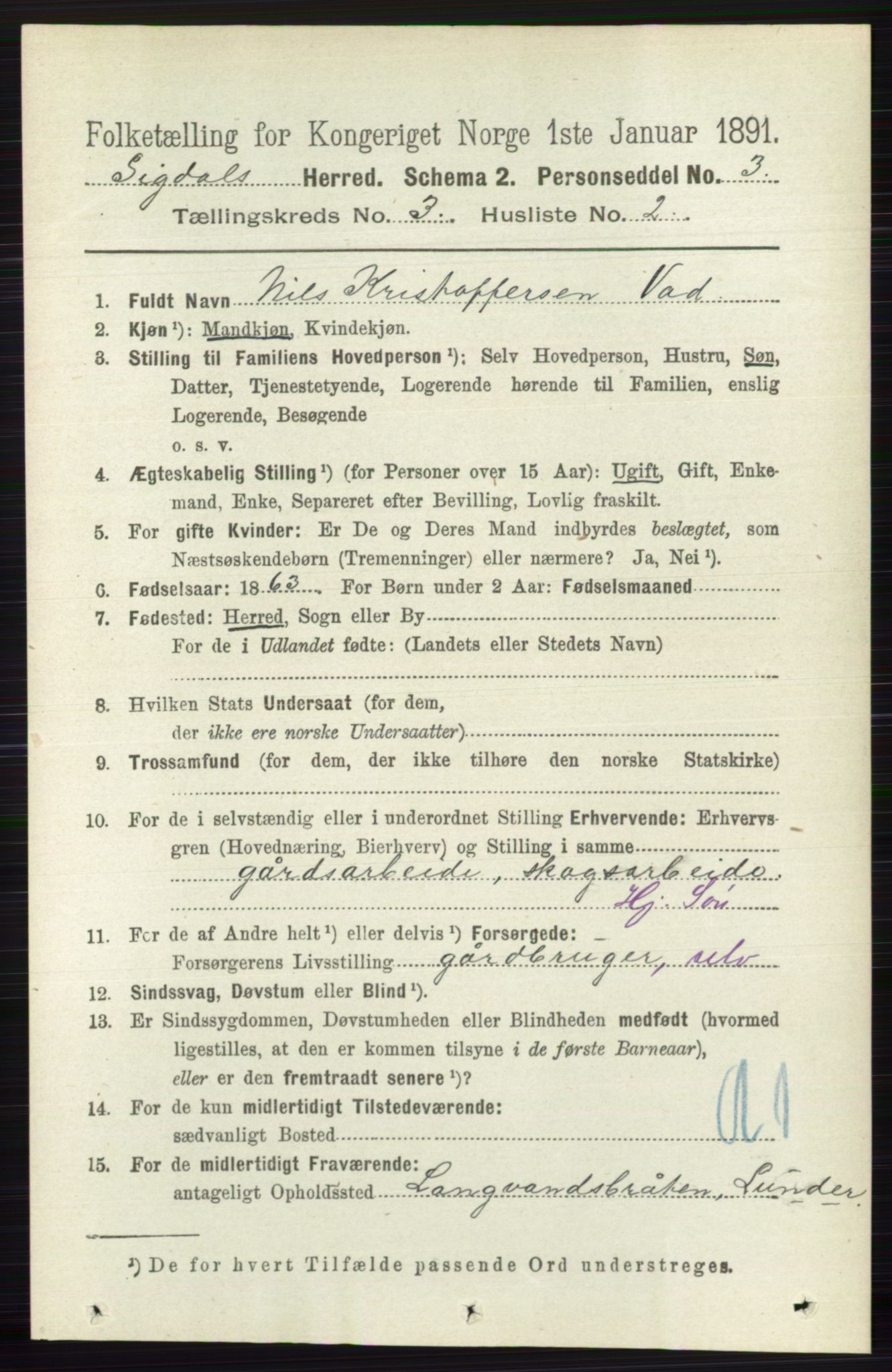 RA, 1891 census for 0621 Sigdal, 1891, p. 1346