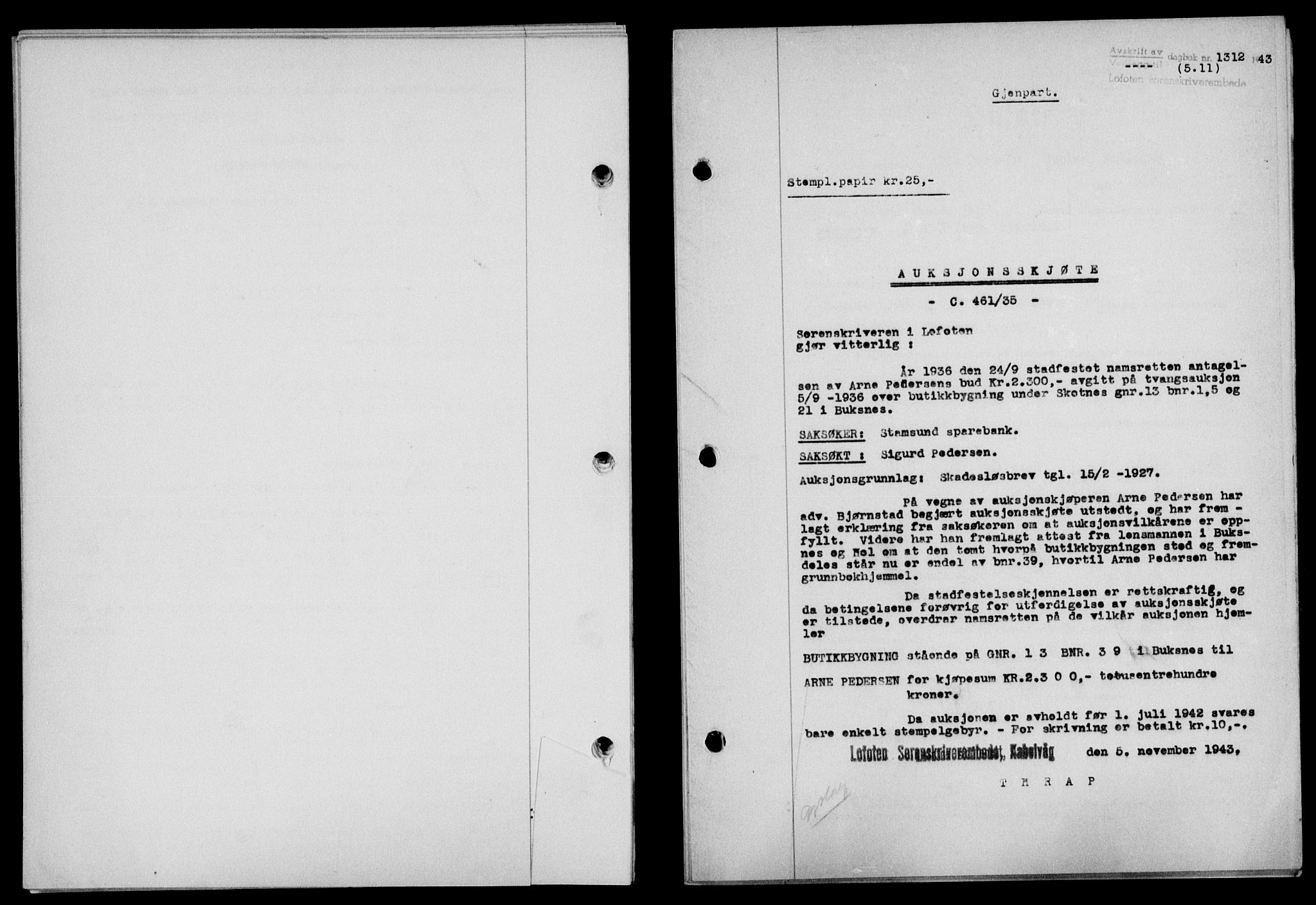 Lofoten sorenskriveri, SAT/A-0017/1/2/2C/L0011a: Mortgage book no. 11a, 1943-1943, Diary no: : 1312/1943