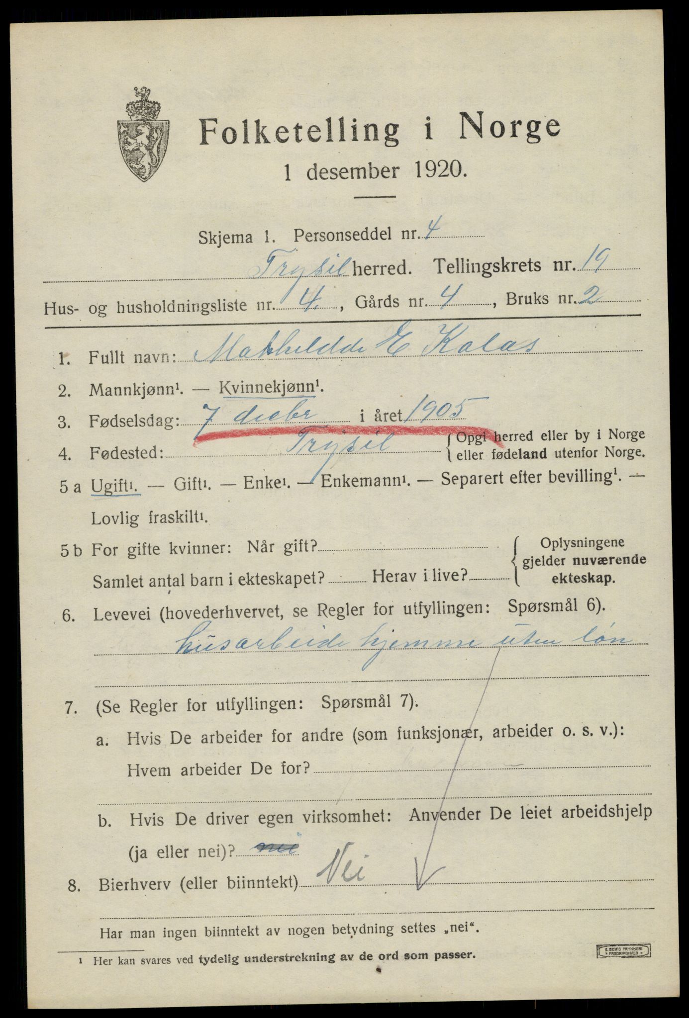 SAH, 1920 census for Trysil, 1920, p. 12749