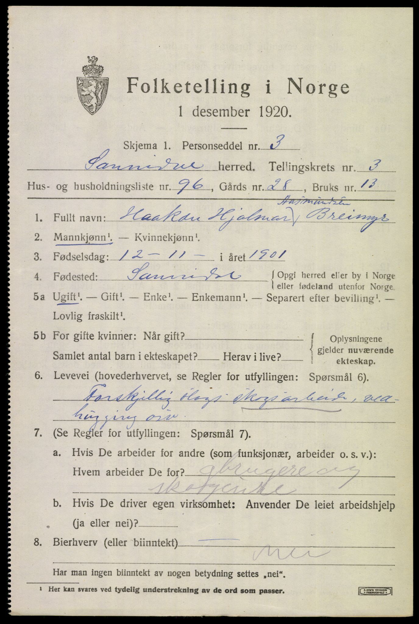 SAKO, 1920 census for Sannidal, 1920, p. 3323