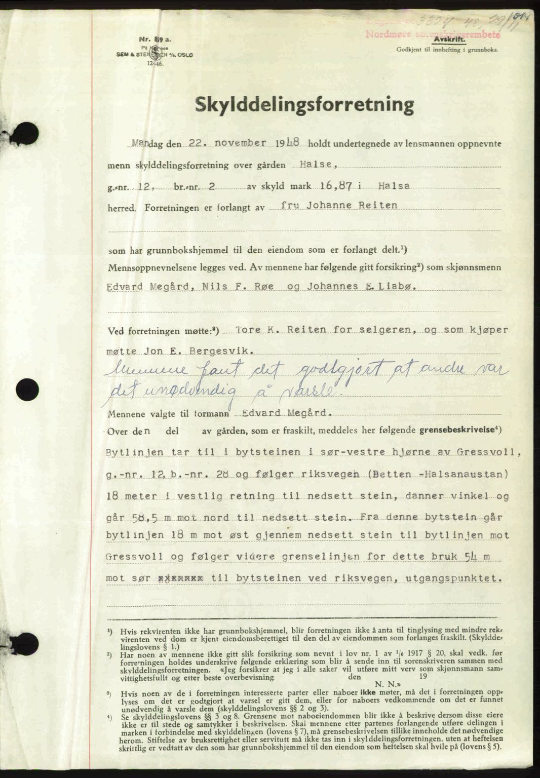 Nordmøre sorenskriveri, AV/SAT-A-4132/1/2/2Ca: Mortgage book no. A109, 1948-1948, Diary no: : 3324/1948