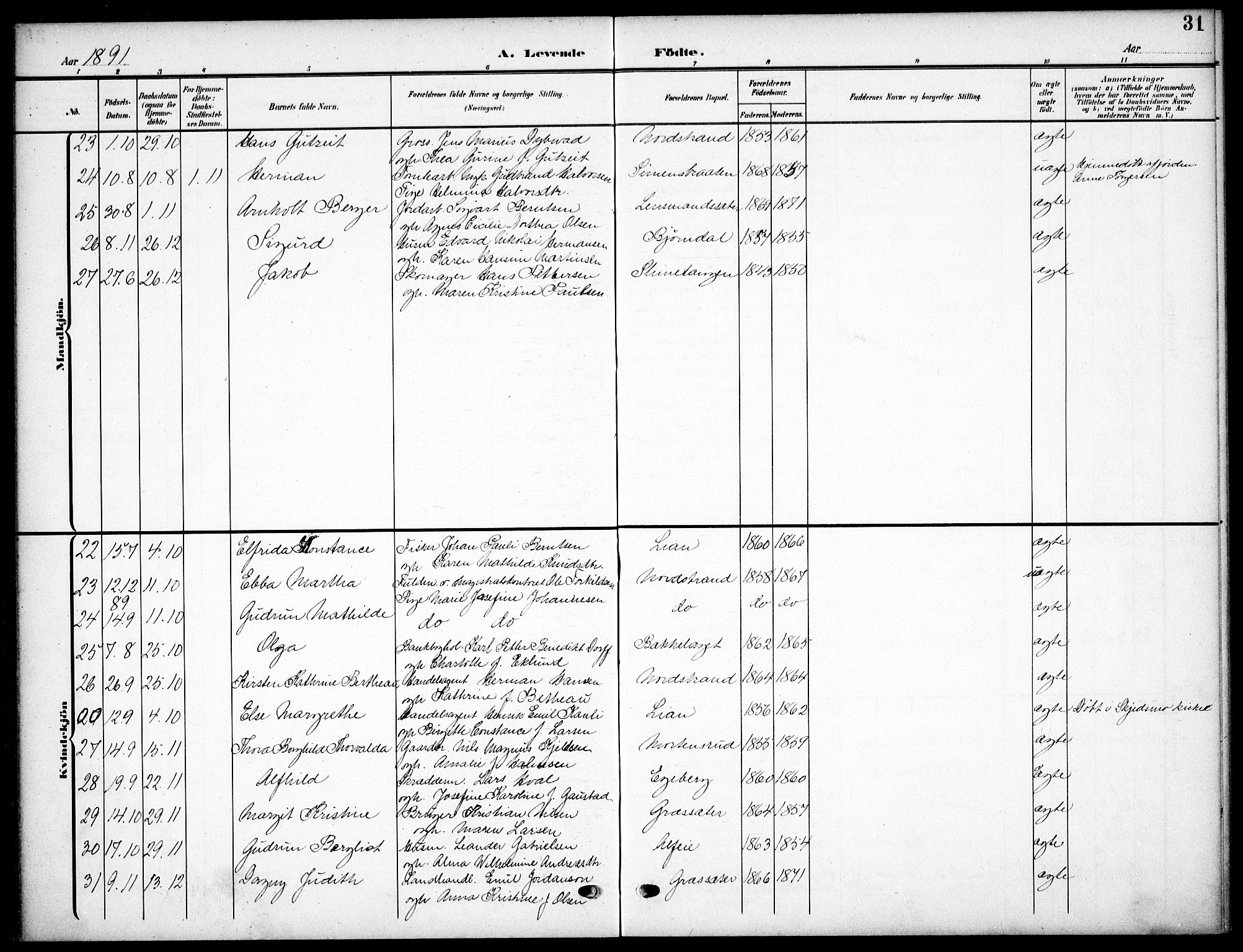 Nordstrand prestekontor Kirkebøker, AV/SAO-A-10362a/F/Fa/L0000: Parish register (official) no. I 0, 1881-1900, p. 31