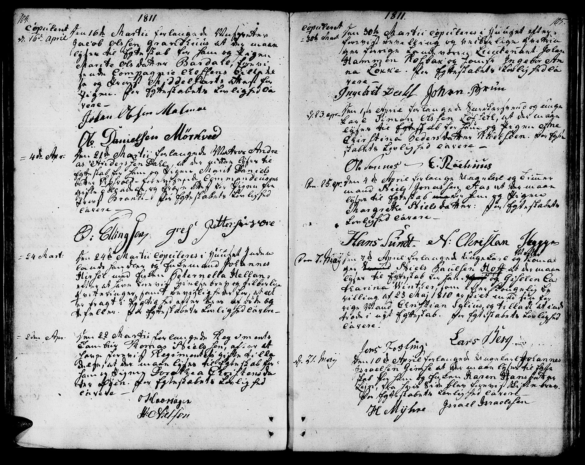 Ministerialprotokoller, klokkerbøker og fødselsregistre - Sør-Trøndelag, SAT/A-1456/601/L0042: Parish register (official) no. 601A10, 1802-1830, p. 104-105