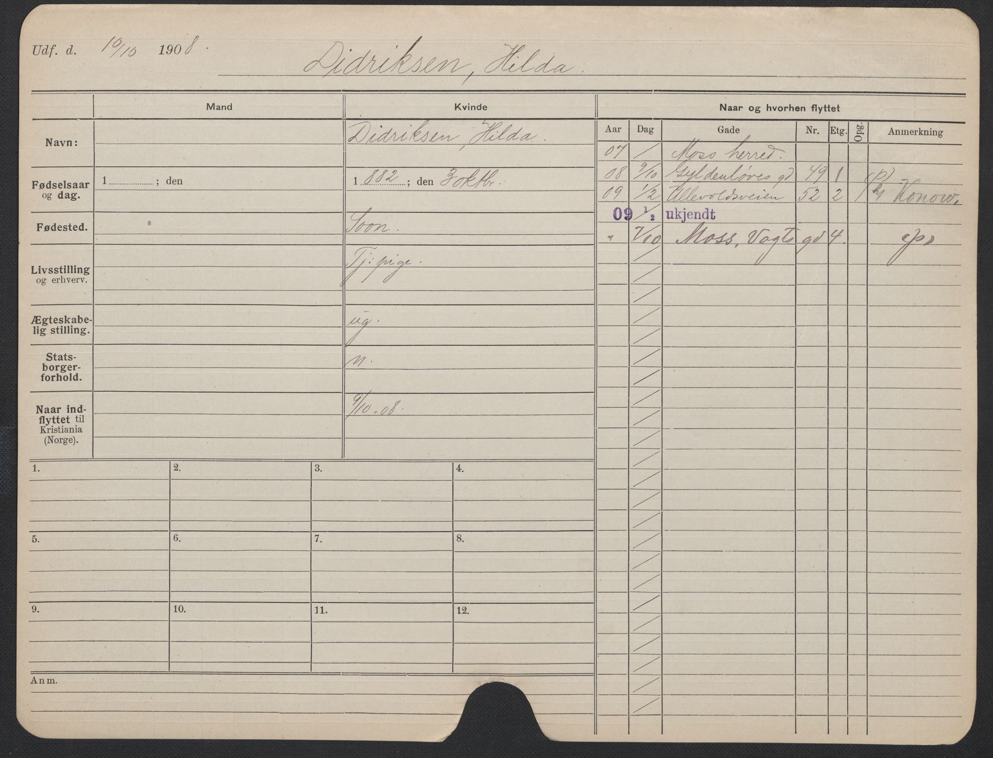 Oslo folkeregister, Registerkort, AV/SAO-A-11715/F/Fa/Fac/L0013: Kvinner, 1906-1914, p. 1278a