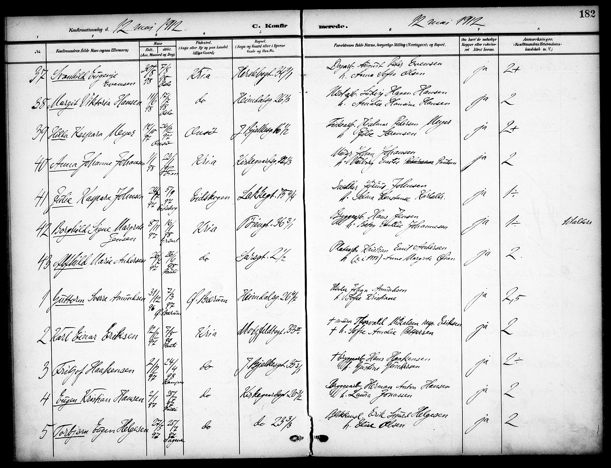 Tøyen prestekontor Kirkebøker, SAO/A-10167a/F/Fa/L0001: Parish register (official) no. 1, 1907-1916, p. 182