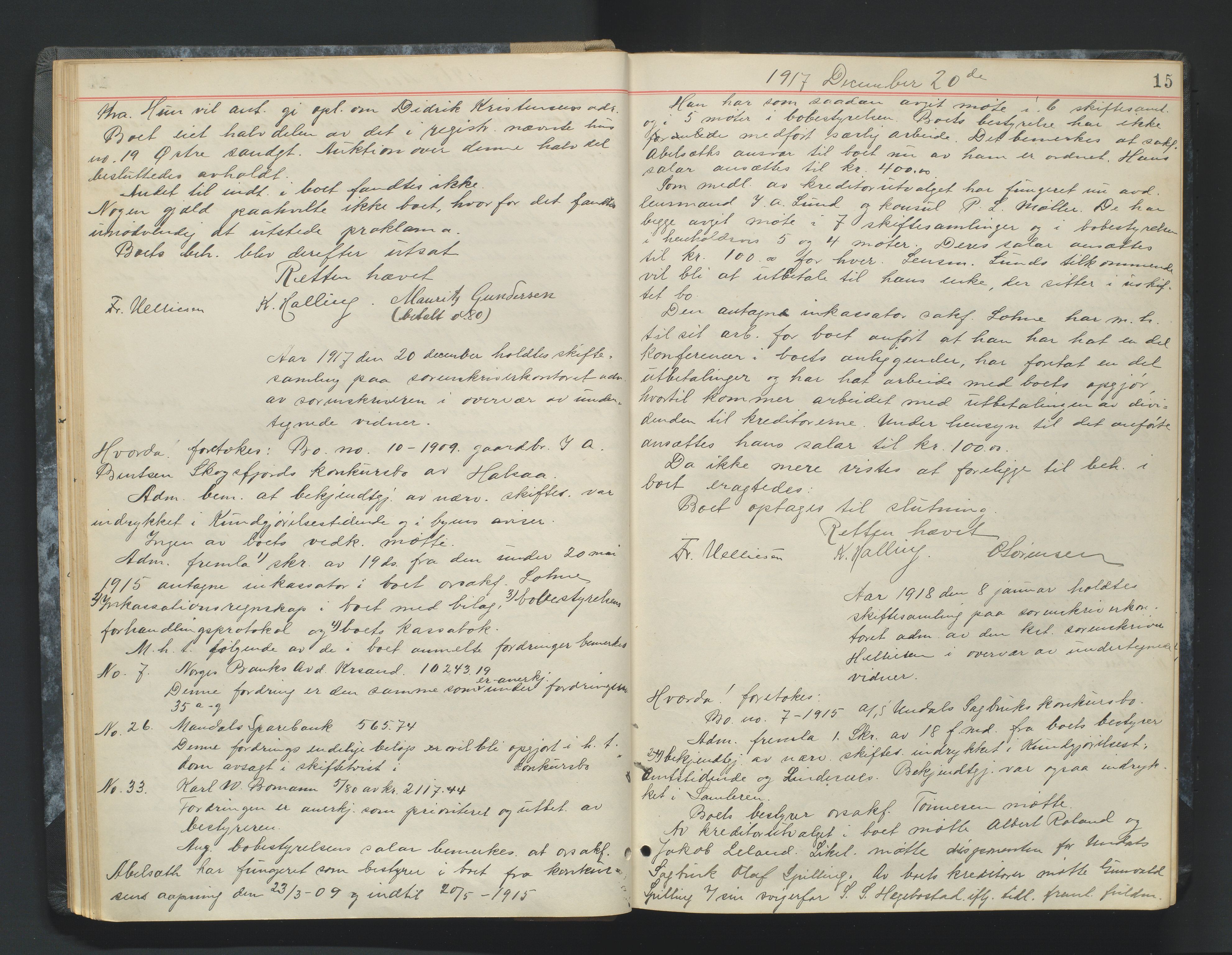 Mandal sorenskriveri, AV/SAK-1221-0005/001/H/Hc/L0083: Skifteforhandlingsprotokoll nr 15, 1917-1921, p. 15