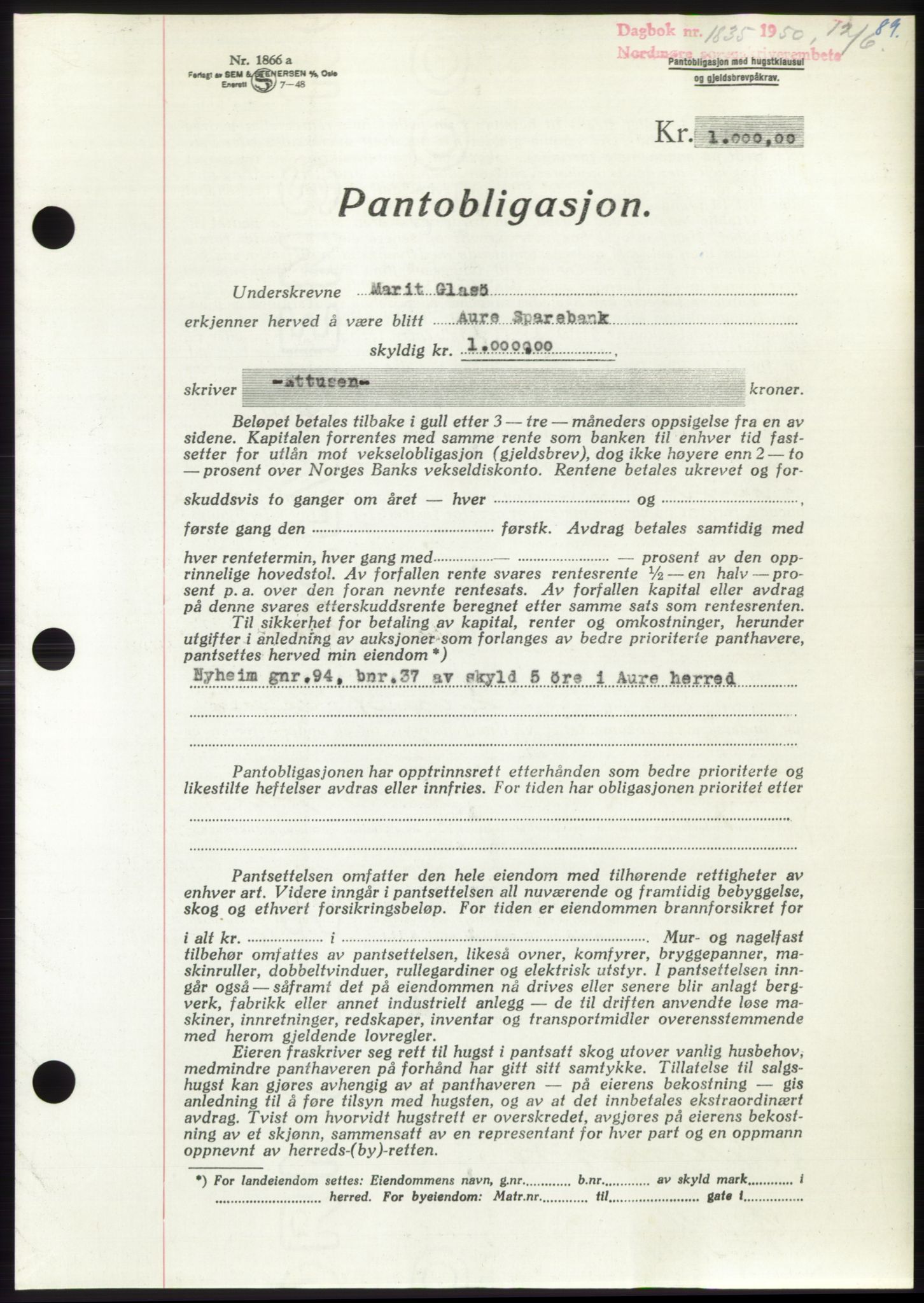 Nordmøre sorenskriveri, AV/SAT-A-4132/1/2/2Ca: Mortgage book no. B105, 1950-1950, Diary no: : 1835/1950