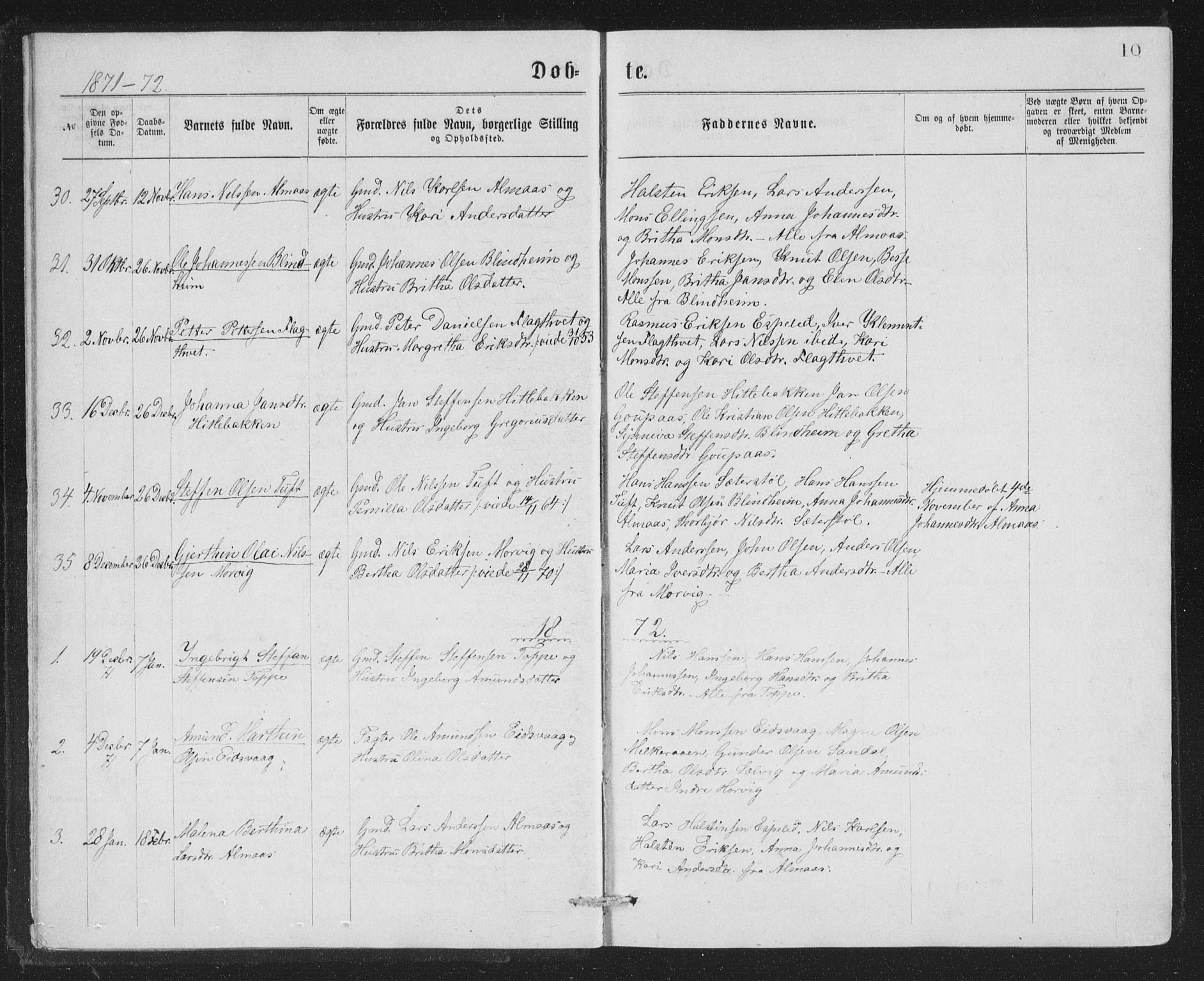 Åsane sokneprestembete, AV/SAB-A-79401/H/Hab: Parish register (copy) no. A 1, 1870-1884, p. 10