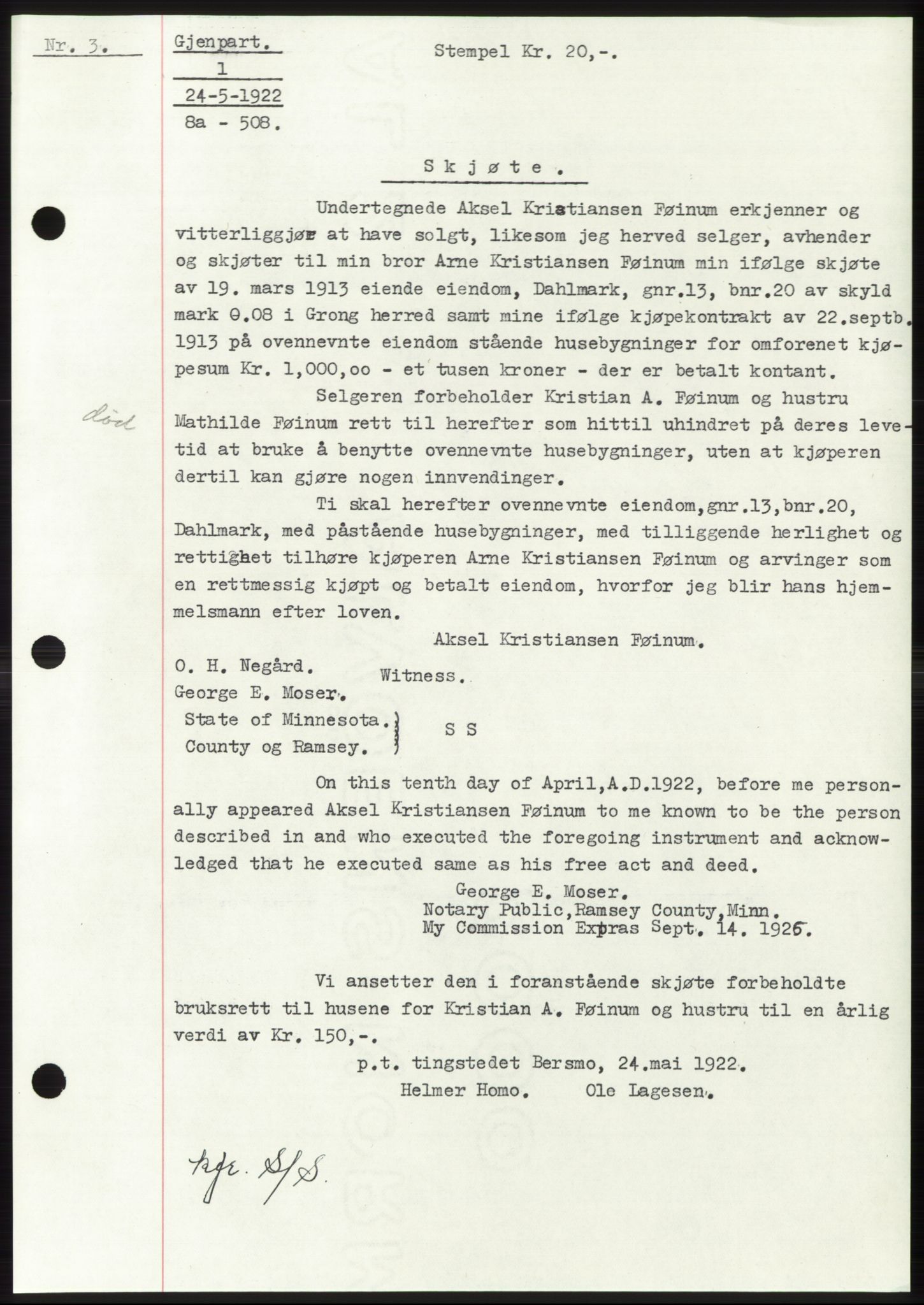 Namdal sorenskriveri, SAT/A-4133/1/2/2C: Mortgage book no. -, 1922-1925, Deed date: 24.05.1922
