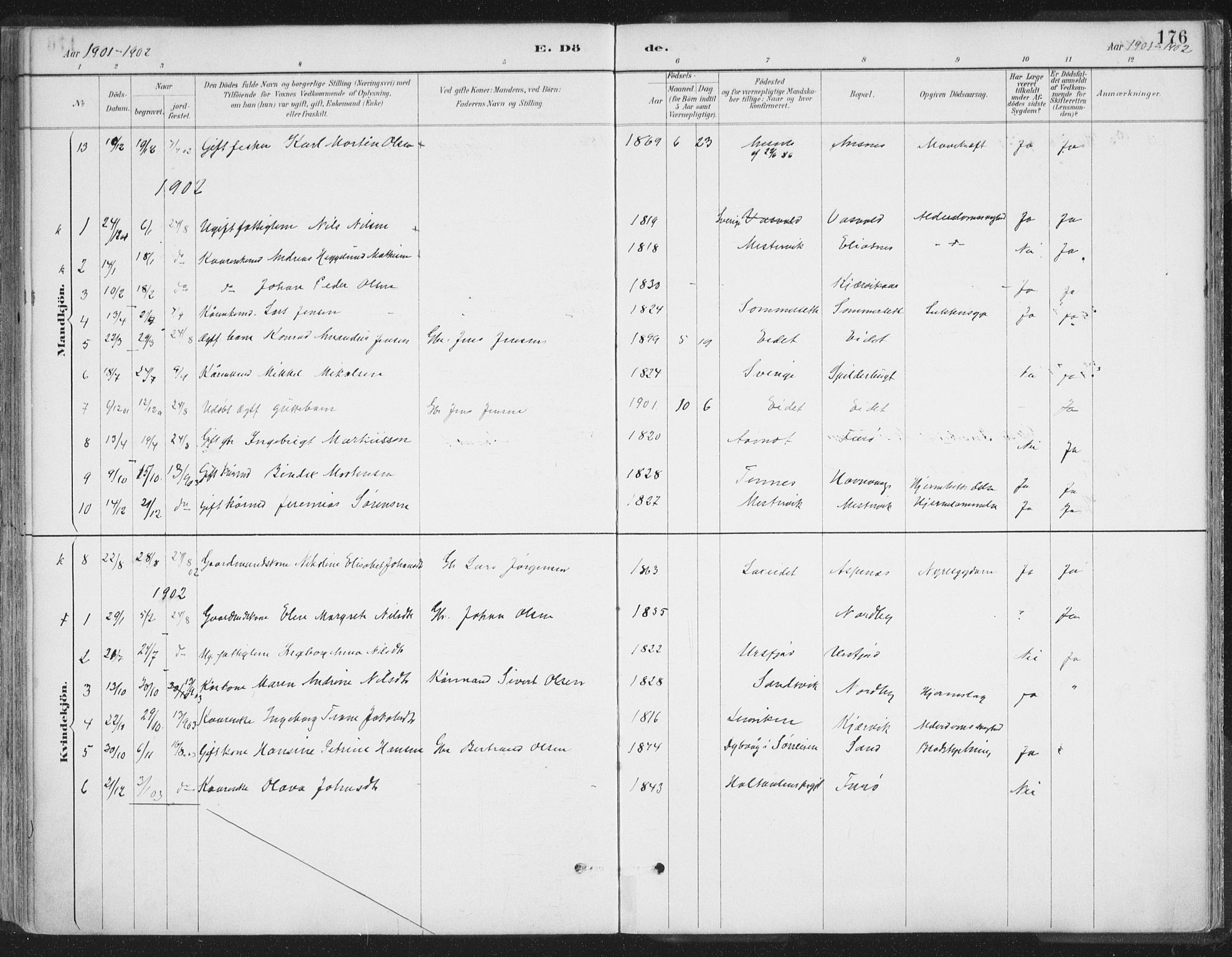 Balsfjord sokneprestembete, AV/SATØ-S-1303/G/Gaa/L0007kirke: Parish register (official) no. 7, 1887-1909, p. 176