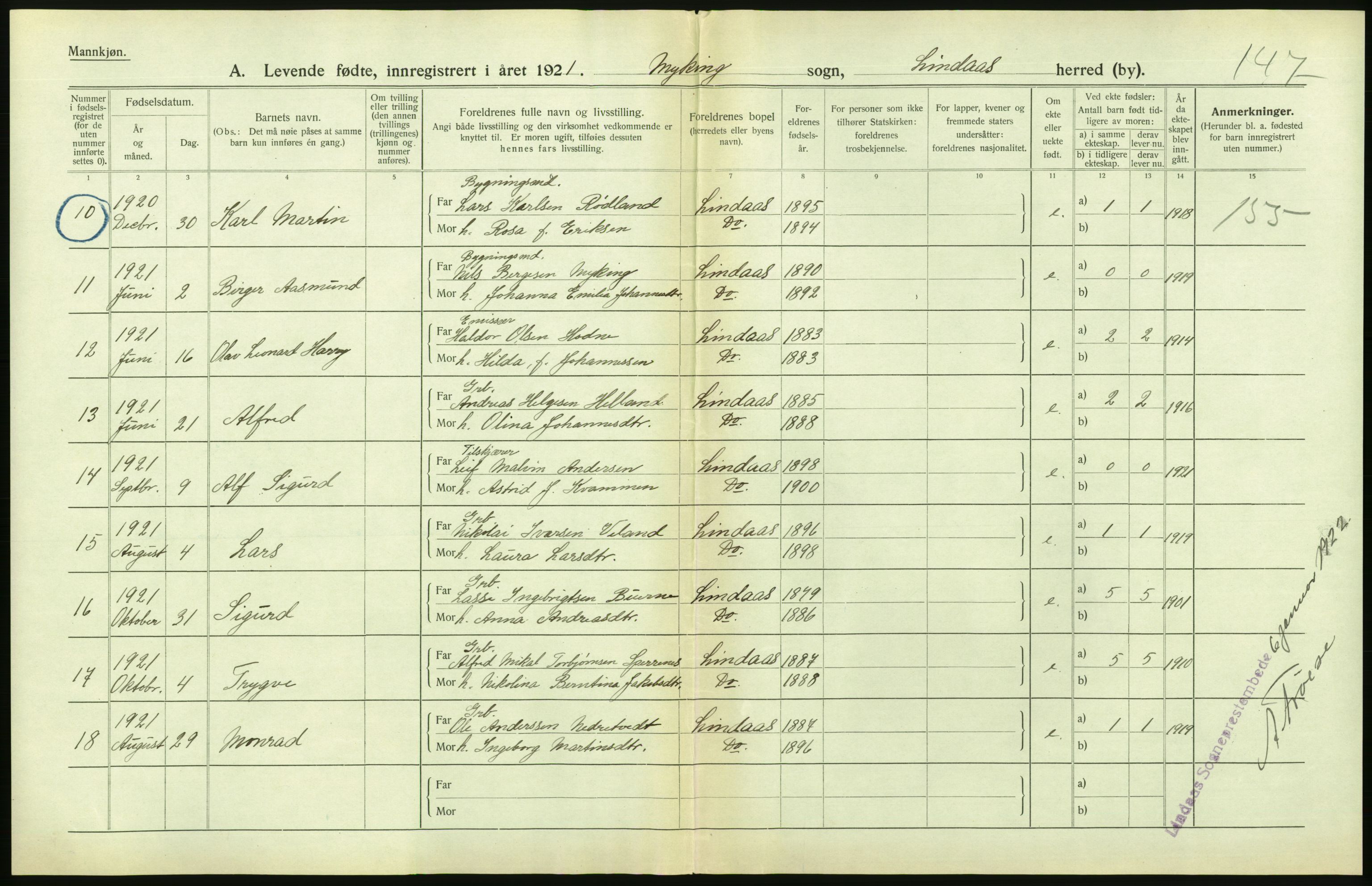 Statistisk sentralbyrå, Sosiodemografiske emner, Befolkning, AV/RA-S-2228/D/Df/Dfc/Dfca/L0031: Hordaland fylke: Levendefødte menn og kvinner. Bygder., 1921, p. 40