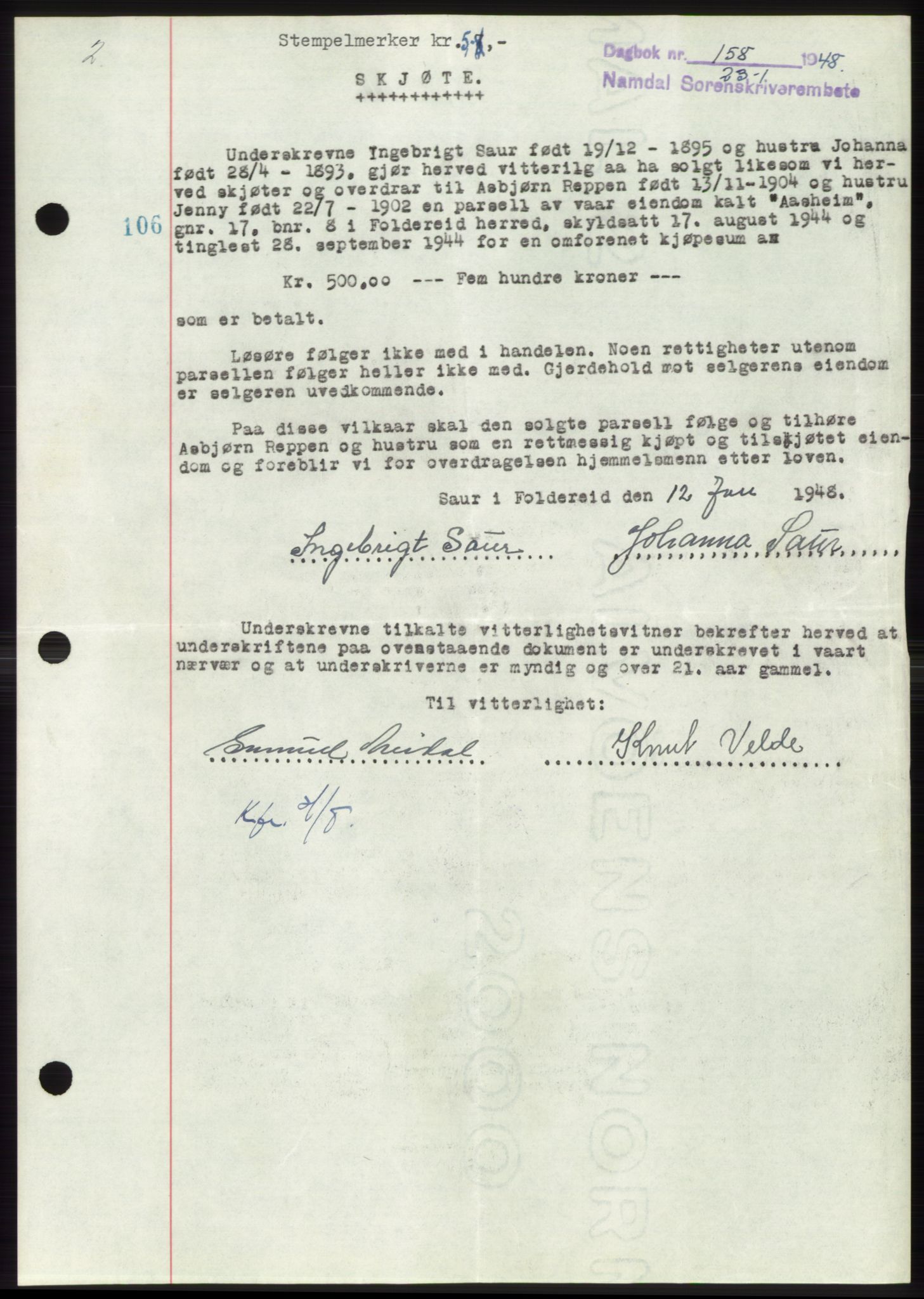 Namdal sorenskriveri, SAT/A-4133/1/2/2C: Mortgage book no. -, 1947-1948, Diary no: : 158/1948