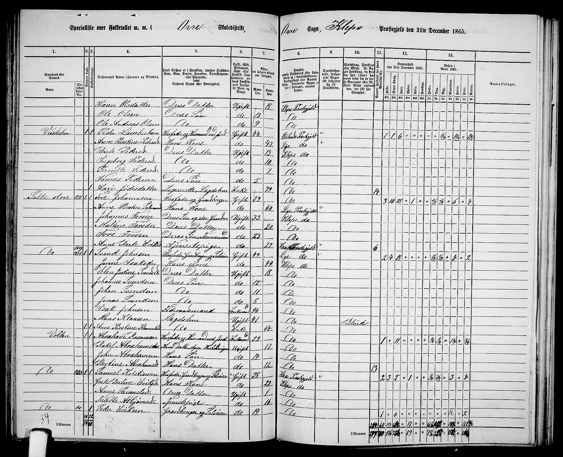 RA, 1865 census for Klepp, 1865, p. 66