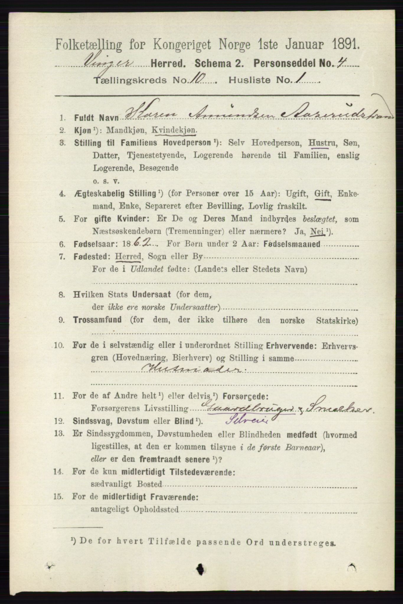 RA, 1891 census for 0421 Vinger, 1891, p. 4883