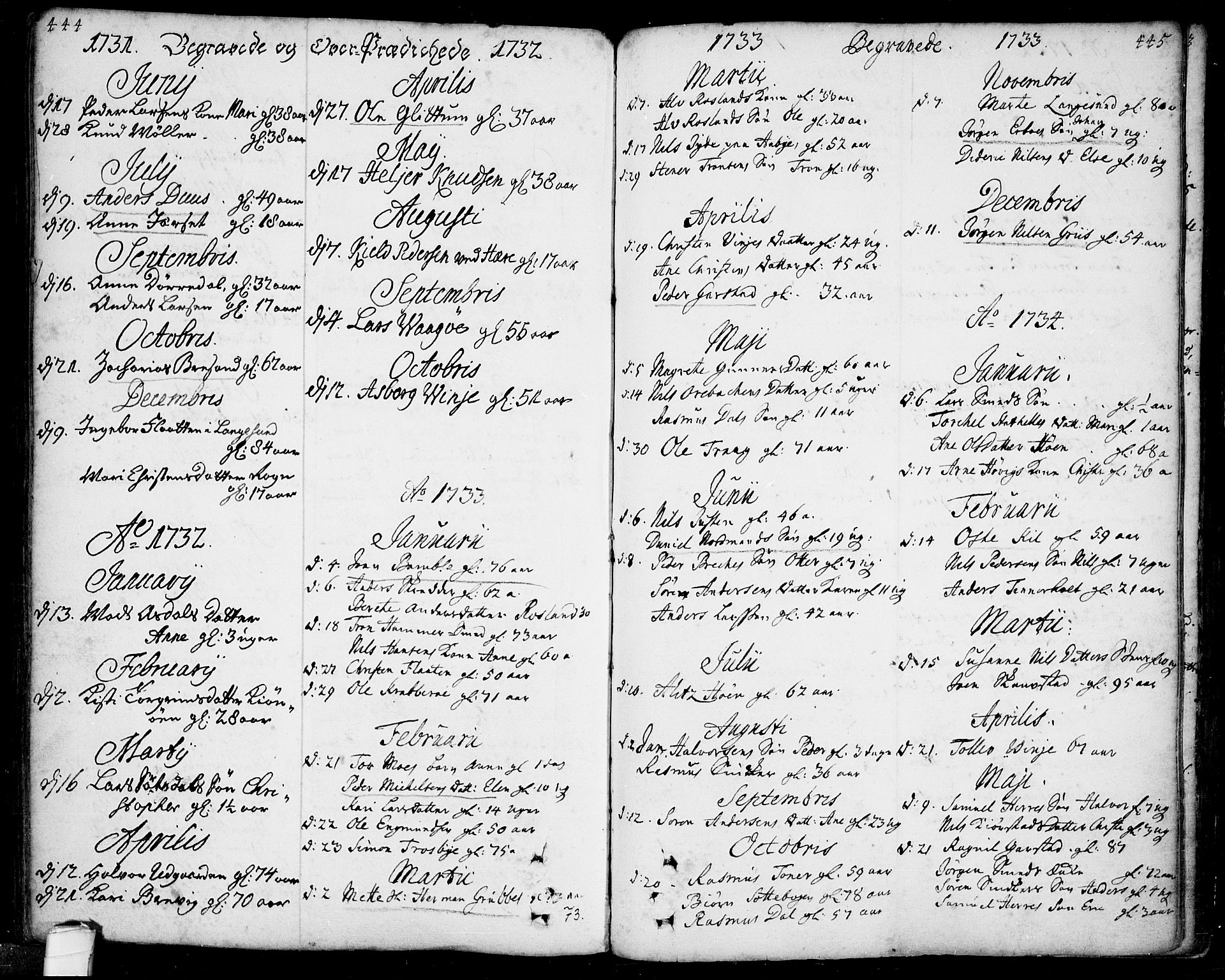 Bamble kirkebøker, AV/SAKO-A-253/F/Fa/L0001: Parish register (official) no. I 1, 1702-1774, p. 444-445