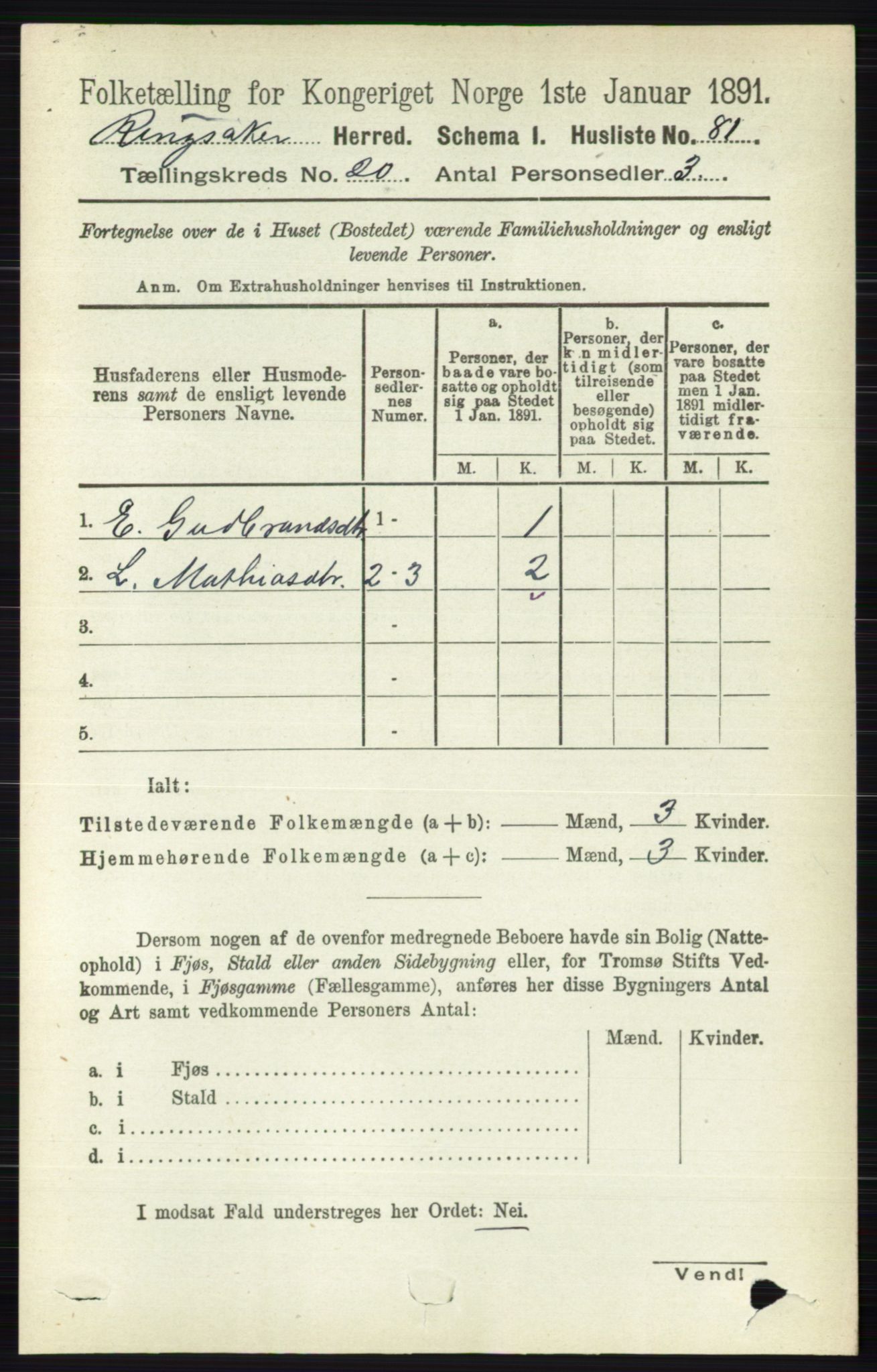 RA, 1891 census for 0412 Ringsaker, 1891, p. 11095