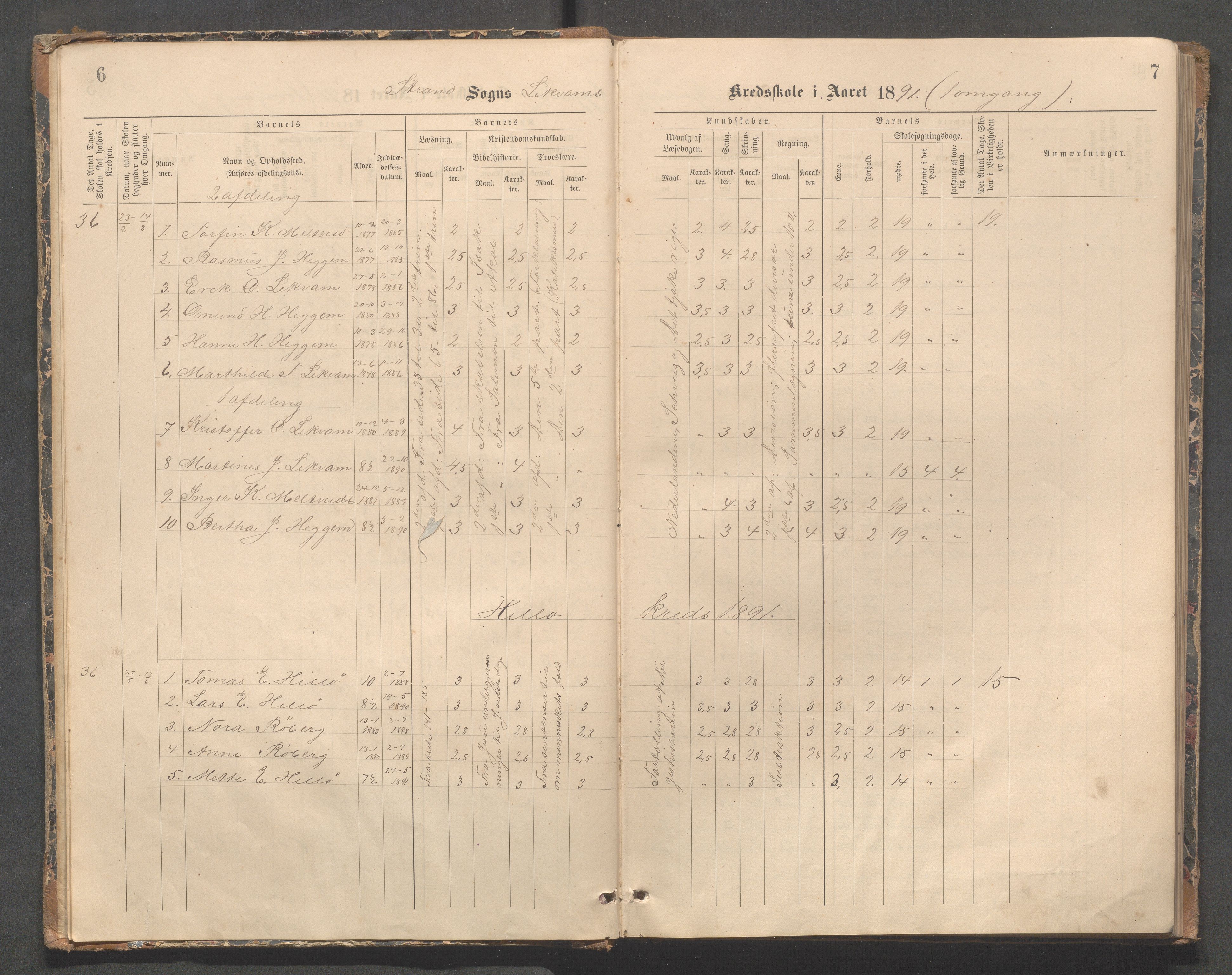 Strand kommune - Bjørheimsbygd skole, IKAR/A-147/H/L0002: Skoleprotokoll for Bjørheimsbygd og Lekvam krets, 1891-1907, p. 6-7